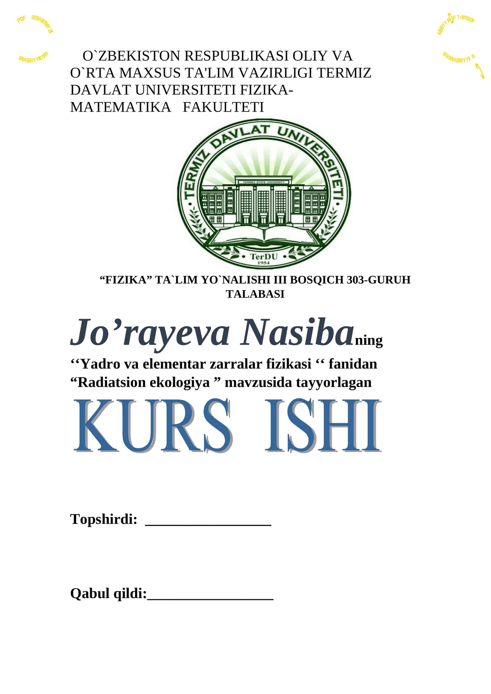 Yadro va elementar zarralar fizikasi 1