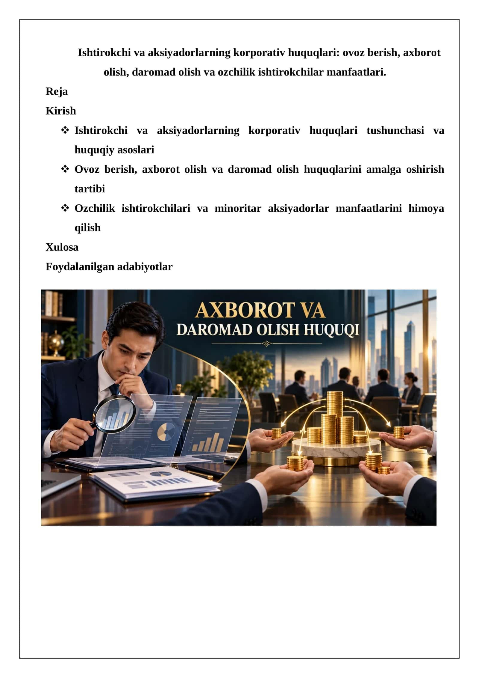 Ishtirokchi va aksiyadorlarning korporativ huquqlari ovoz berish, axborot olish, daromad olish va ozchilik ishtirokchilar manfaatlari..docx 1