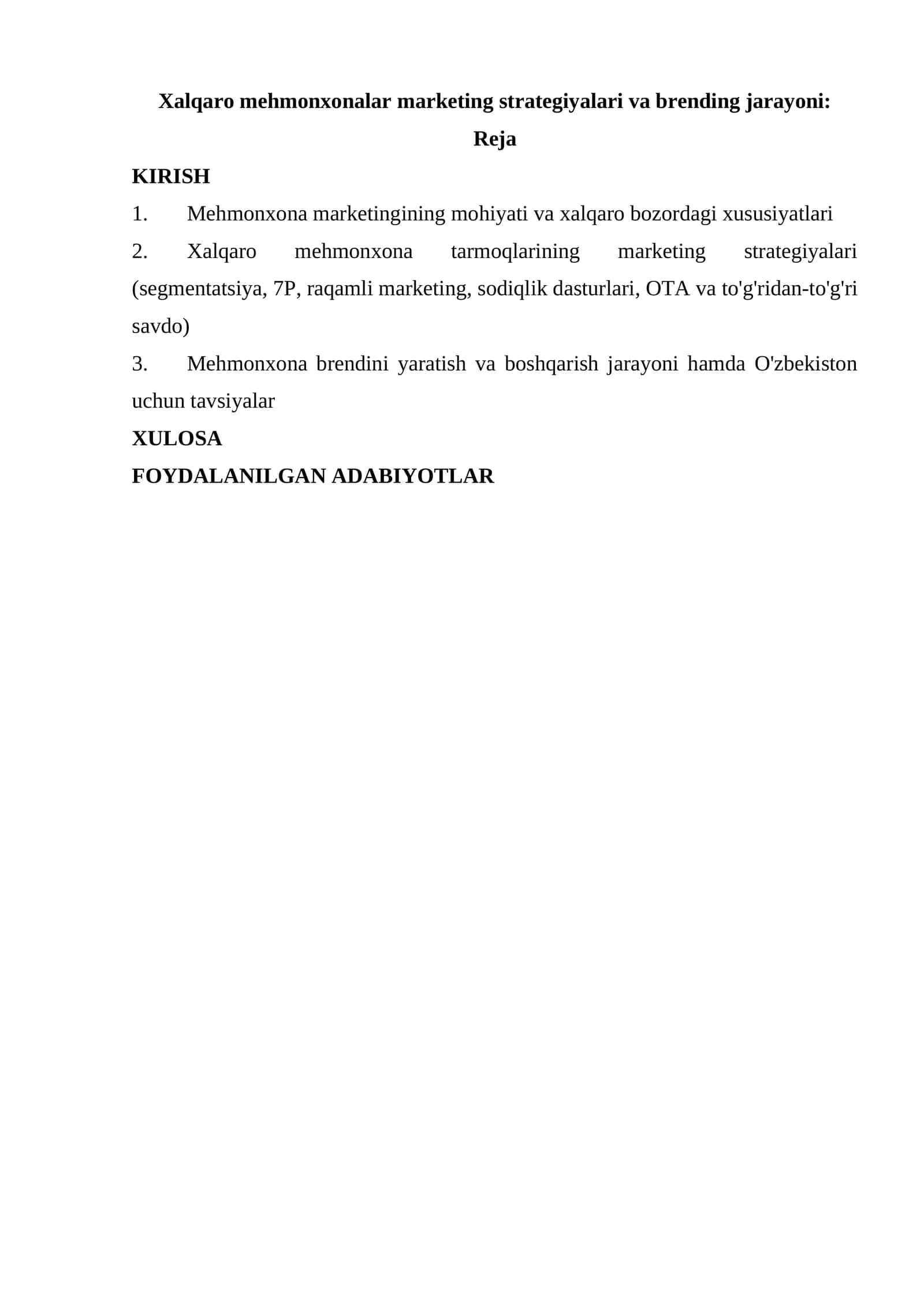 Xalqaro mehmonxonalar marketing strategiyalari va brending jarayoni 1