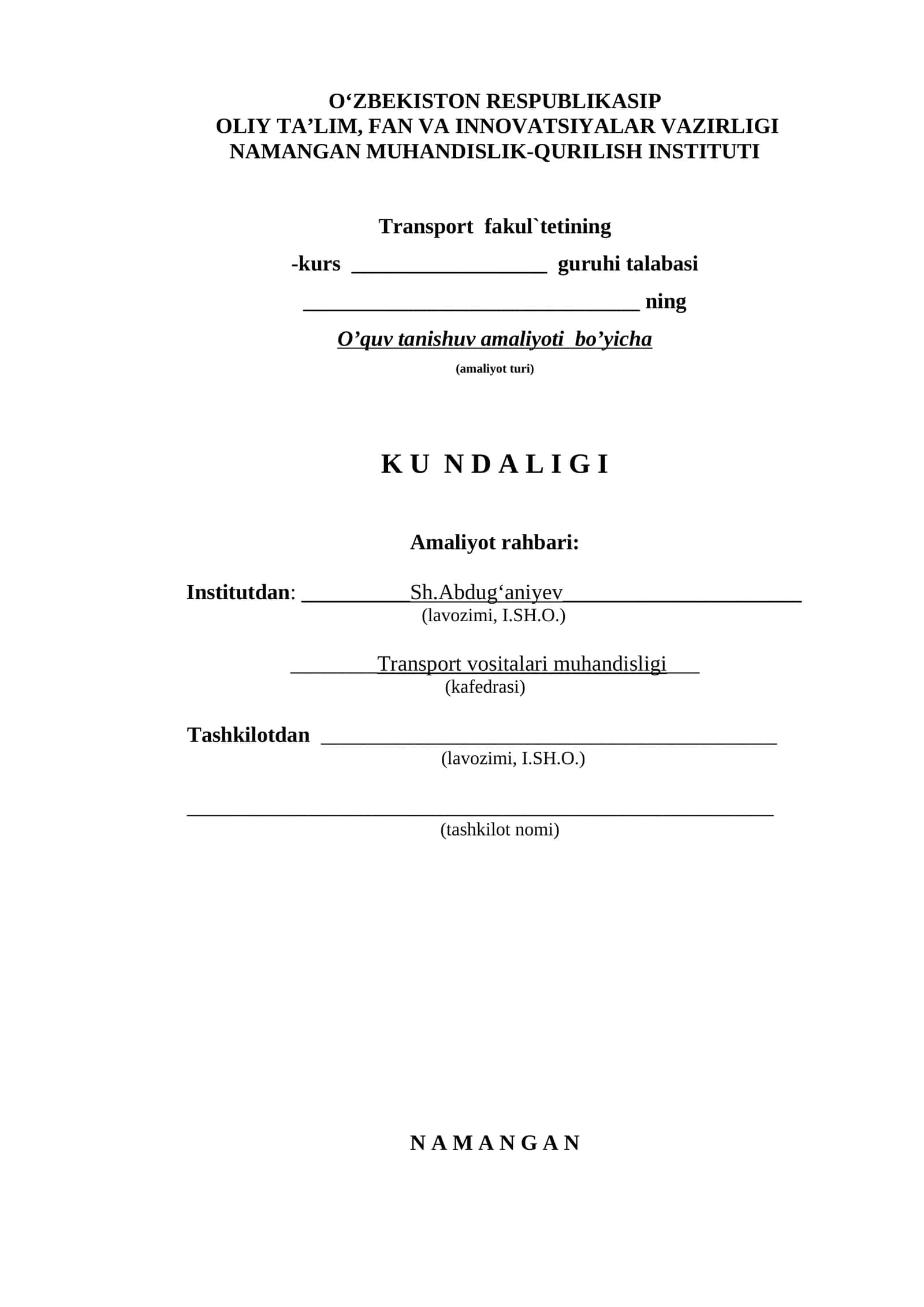 MUHANDISLIK-QURILISH INSTITUTI  amaliyot Kundaligi 1