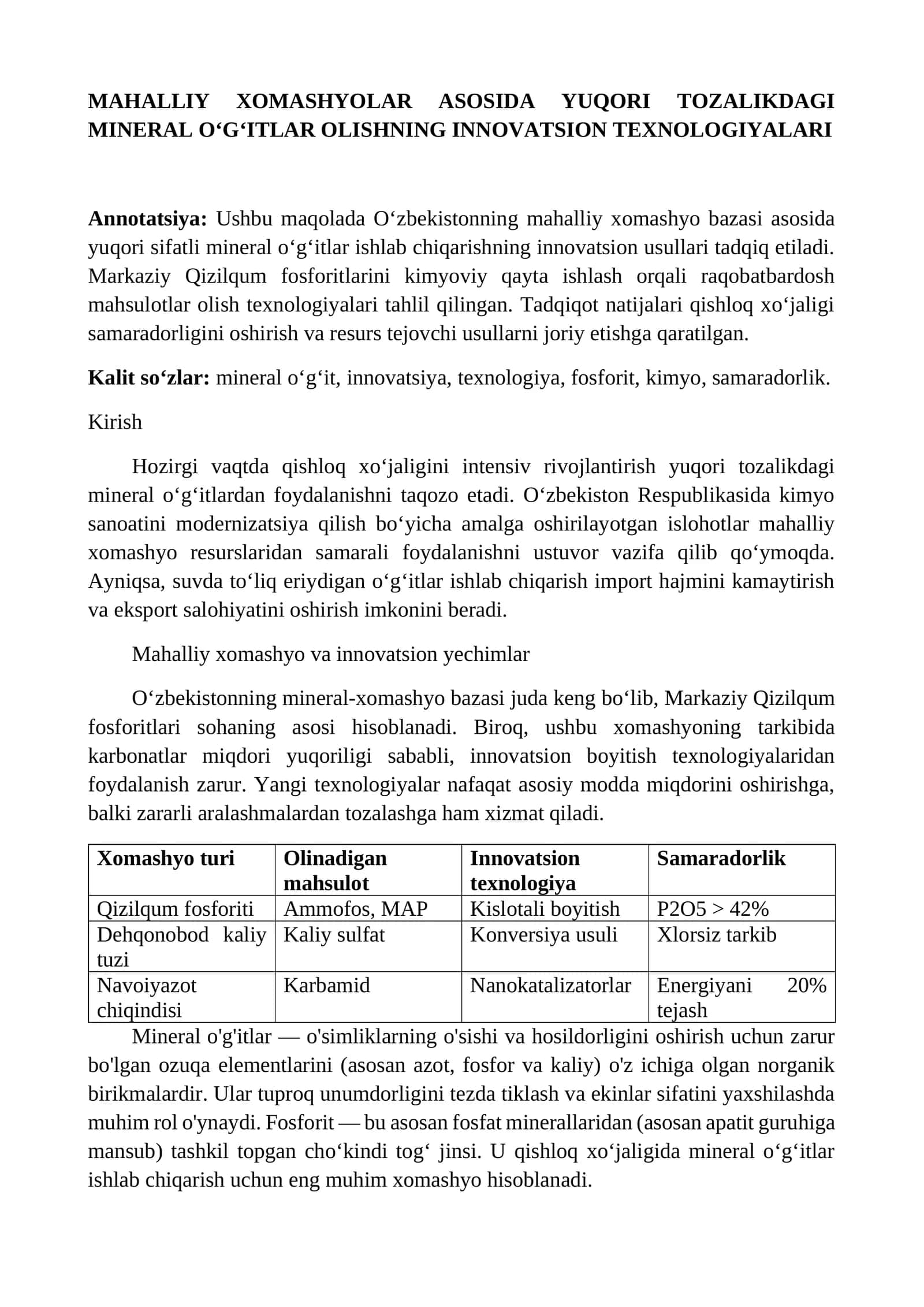 MAhallIY XOMASHYOLAR ASOSIDA YUQORI TOZALIKDAGI MINERAL O‘G‘ITLAR OLISHNING INNOVATSION TEXNOLOGIYALARI 1
