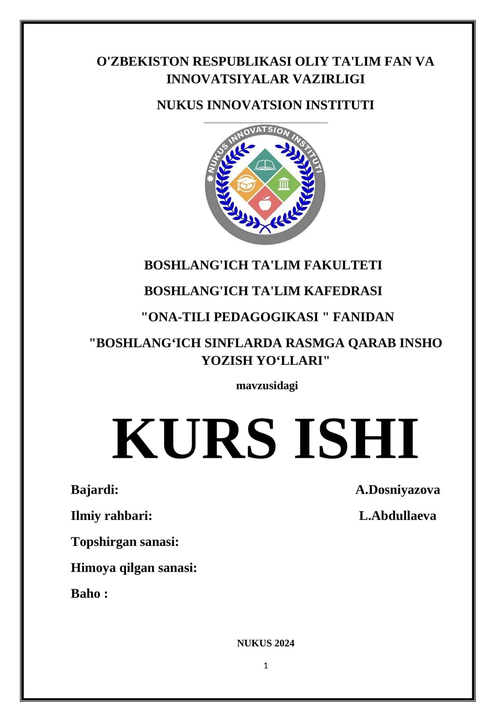 "BOSHLANGʻICH SINFLARDA RASMGA QARAB INSHO YOZISH YOʻLLARI" 1
