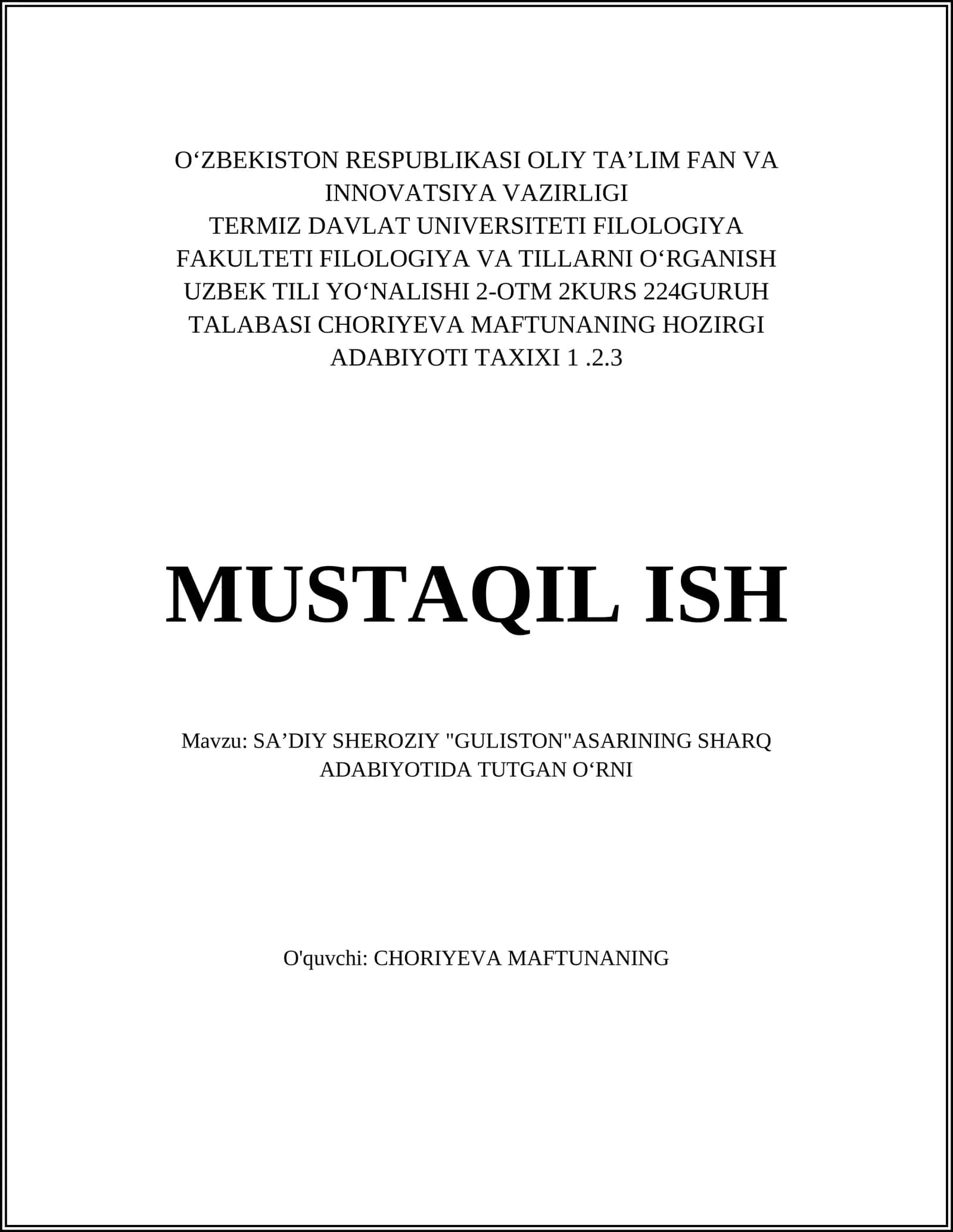 SAʼDIY SHEROZIY "GULISTON"ASARINING SHARQ ADABIYOTIDA TUTGAN OʻRNI 1