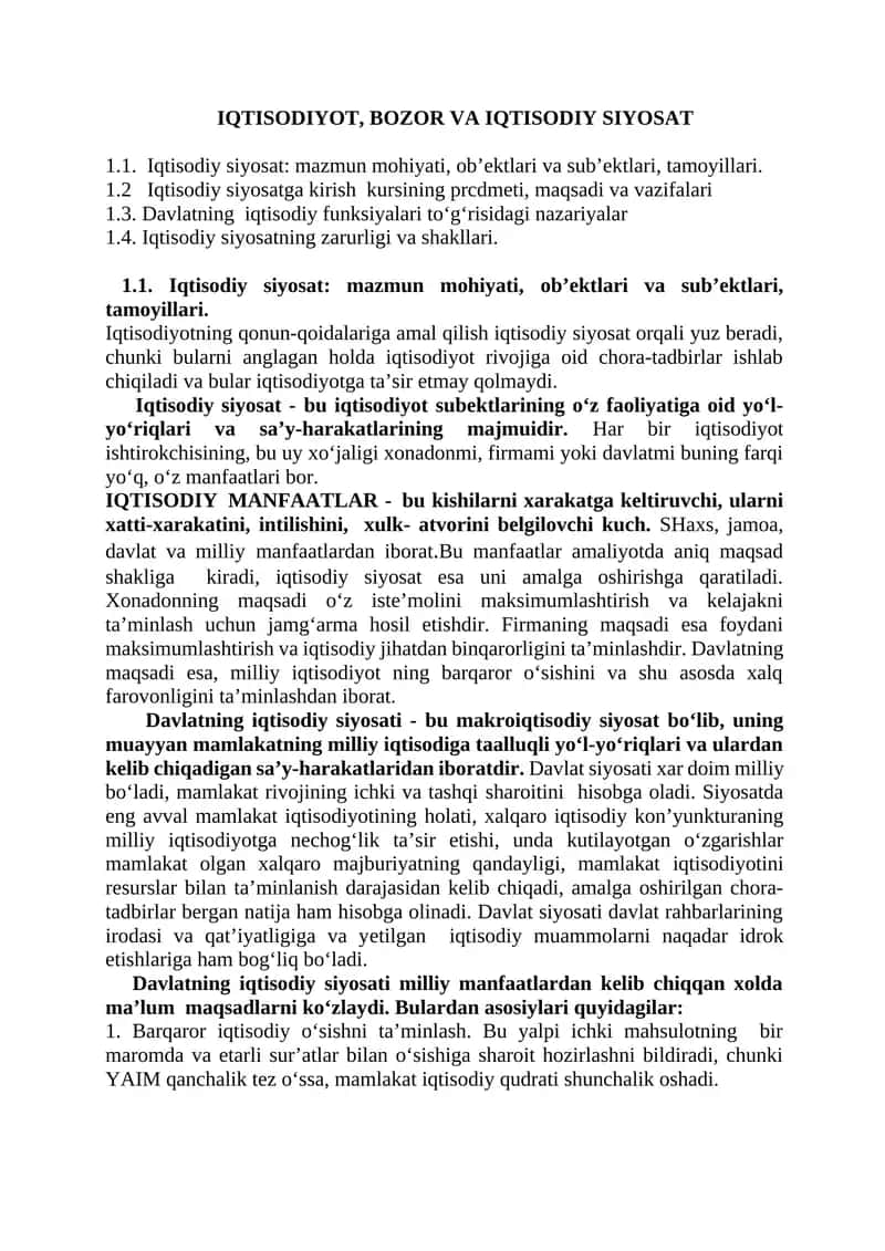 IQTISODIYOT, BOZOR VA IQTISODIY SIYOSAT 1