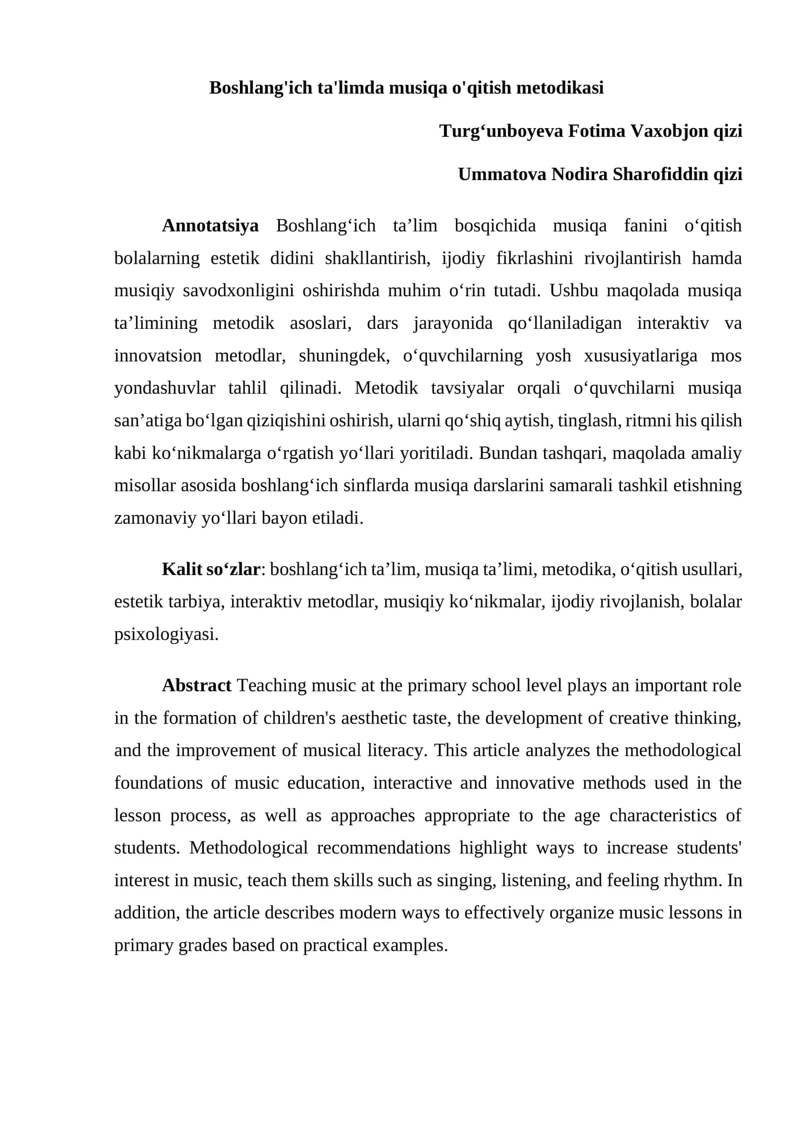 Boshlang'ich ta'limda musiqa o'qitish metodikasi 1