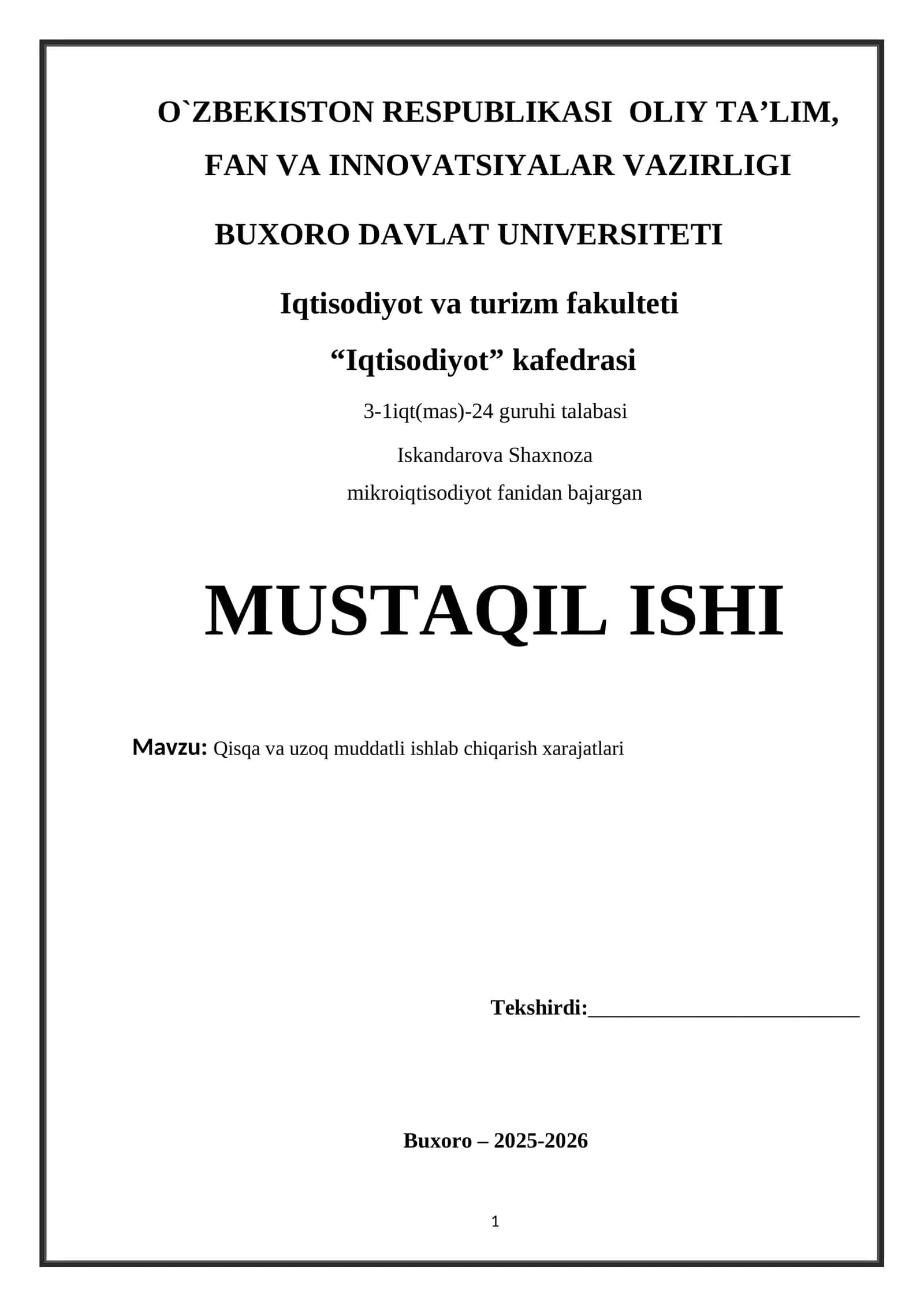 Qisqa va uzoq muddatli ishlab chiqarish xarajatlari 1