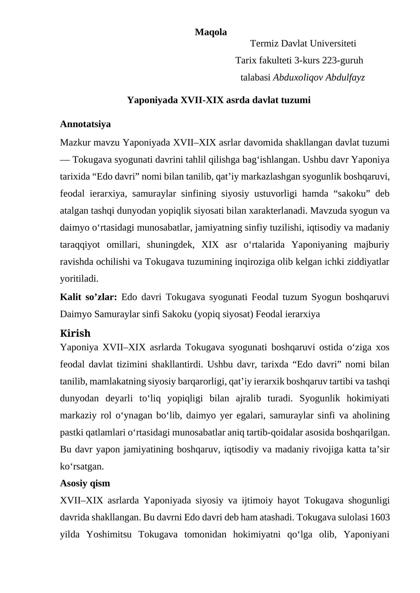 Yaponiyada XVII-XIX asrda davlat tuzumi 1