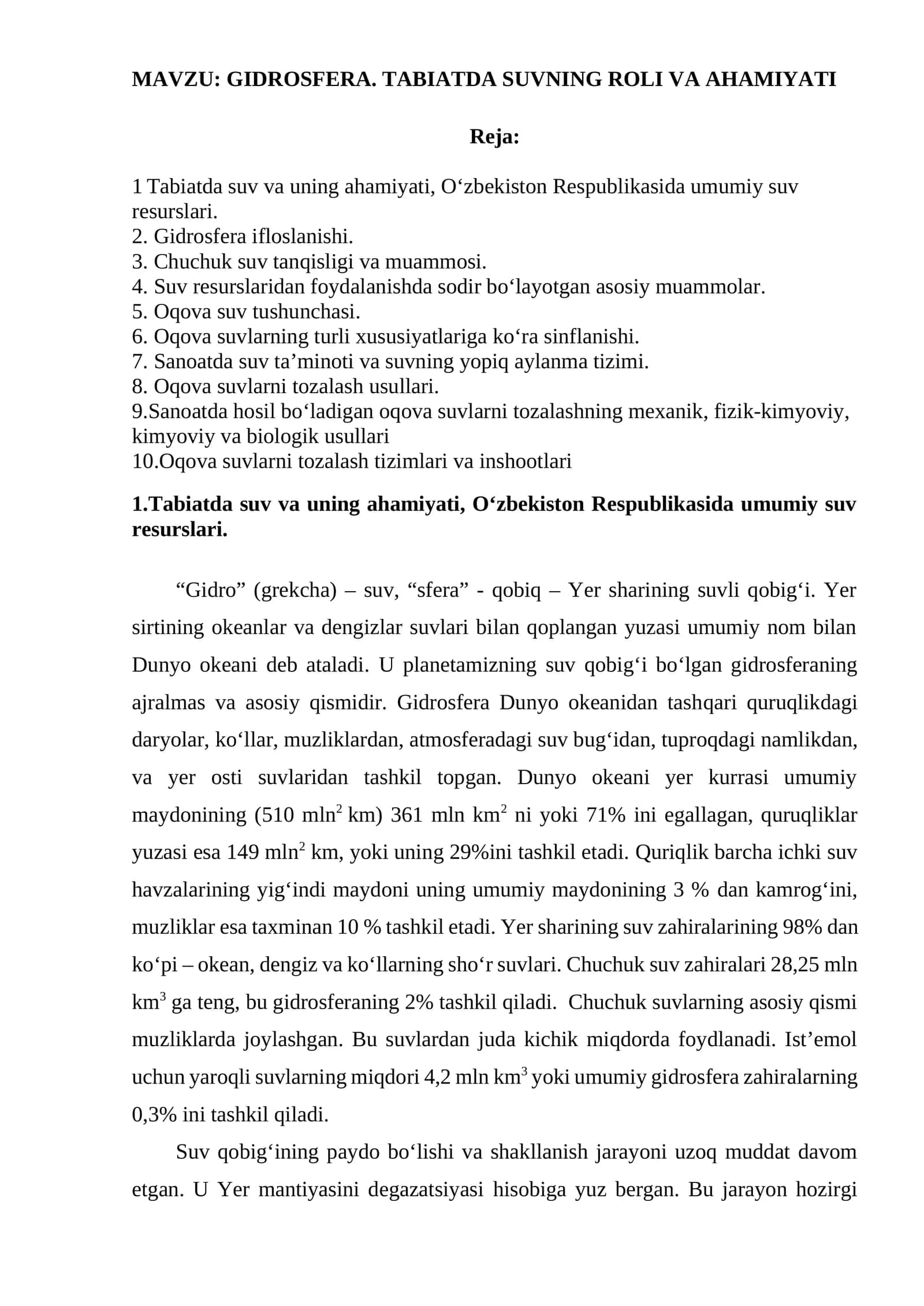 GIDROSFERA. TABIATDA SUVNING ROLI VA AHAMIYATI 1