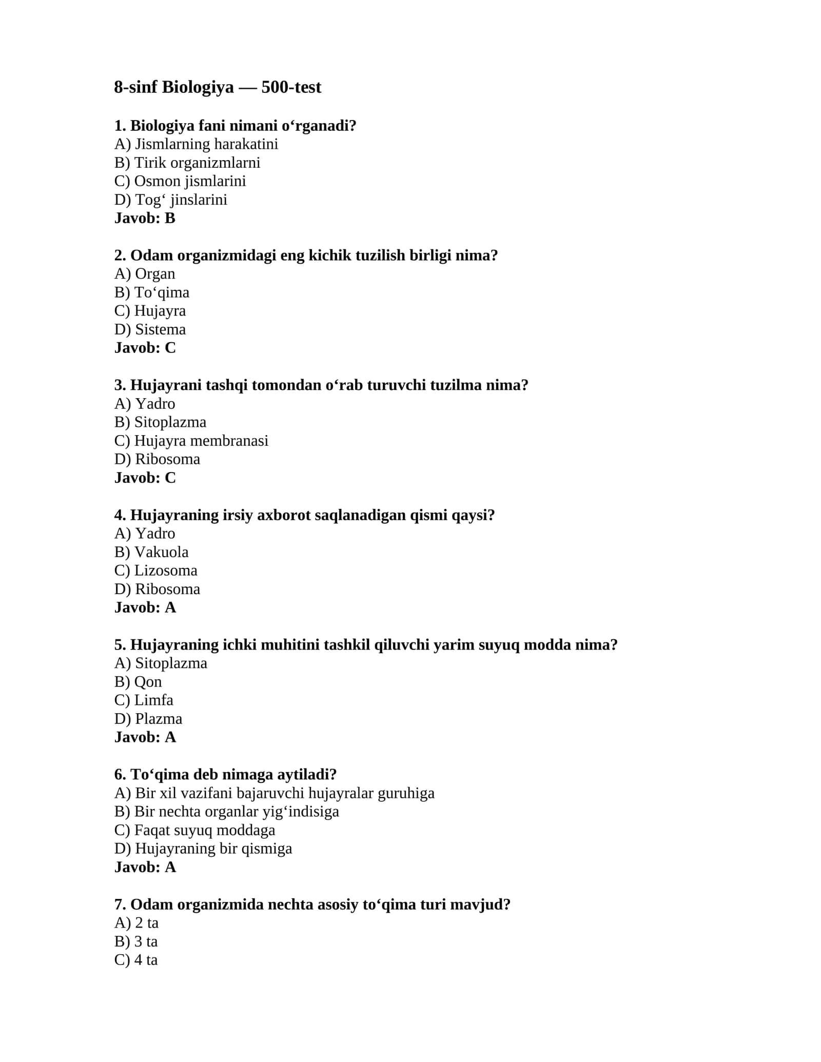 8-sinf Biologiya — 500-test 1