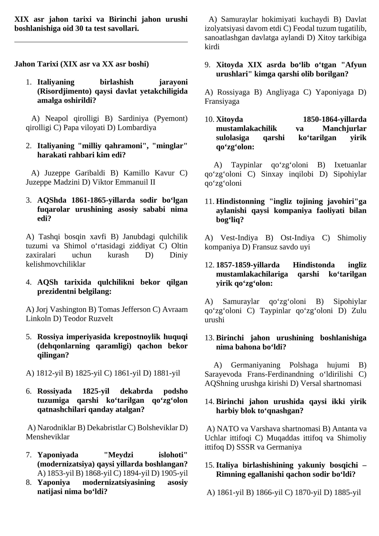 XIX asr jahon tarixi va Birinchi jahon urushi boshlanishiga oid 30 ta test savollari 1