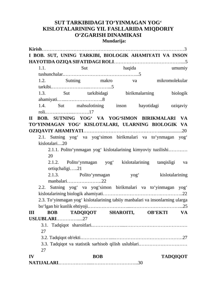 SUT TARKIBIDAGI TO‘YINMAGAN YOG‘ KISLOTALARINING YIL FASLLARIDA MIQDORIY O‘ZGARISH DINAMIKASI 1