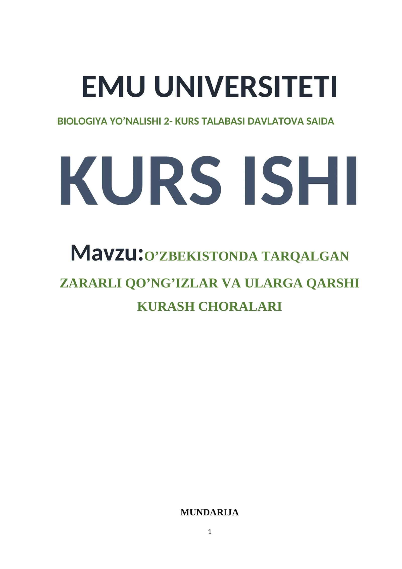 O’ZBEKISTONDA TARQALGAN ZARARLI QO’NG’IZLAR VA ULARGA QARSHI KURASH CHORALARI 1
