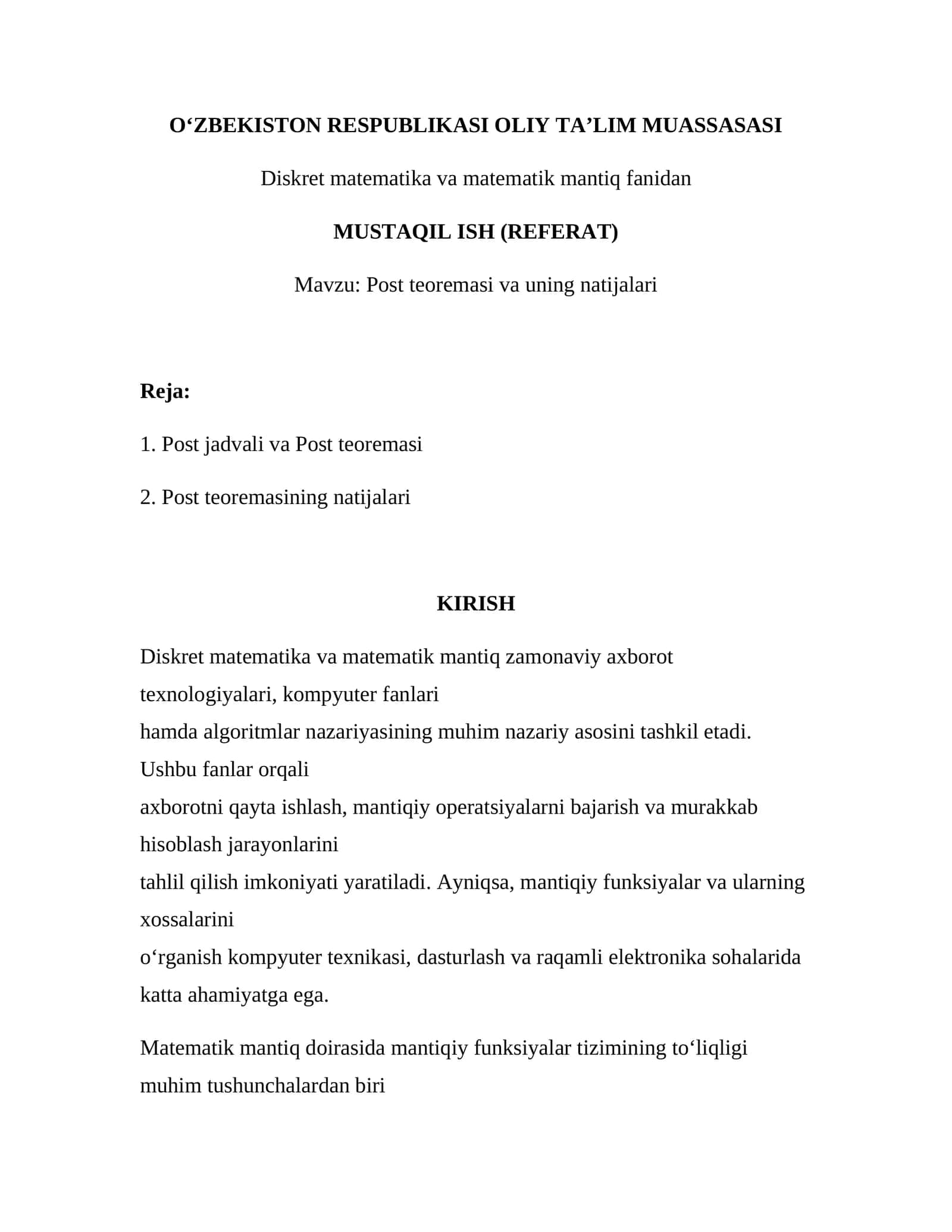 “Post teoremasi haqida tayyor referat – 12 bet” 1