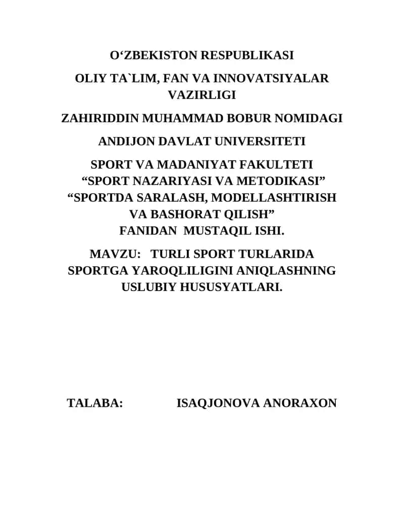 SPORTDA SARALASH, MODELLASHTIRISH VA BASHORAT QILISH 1