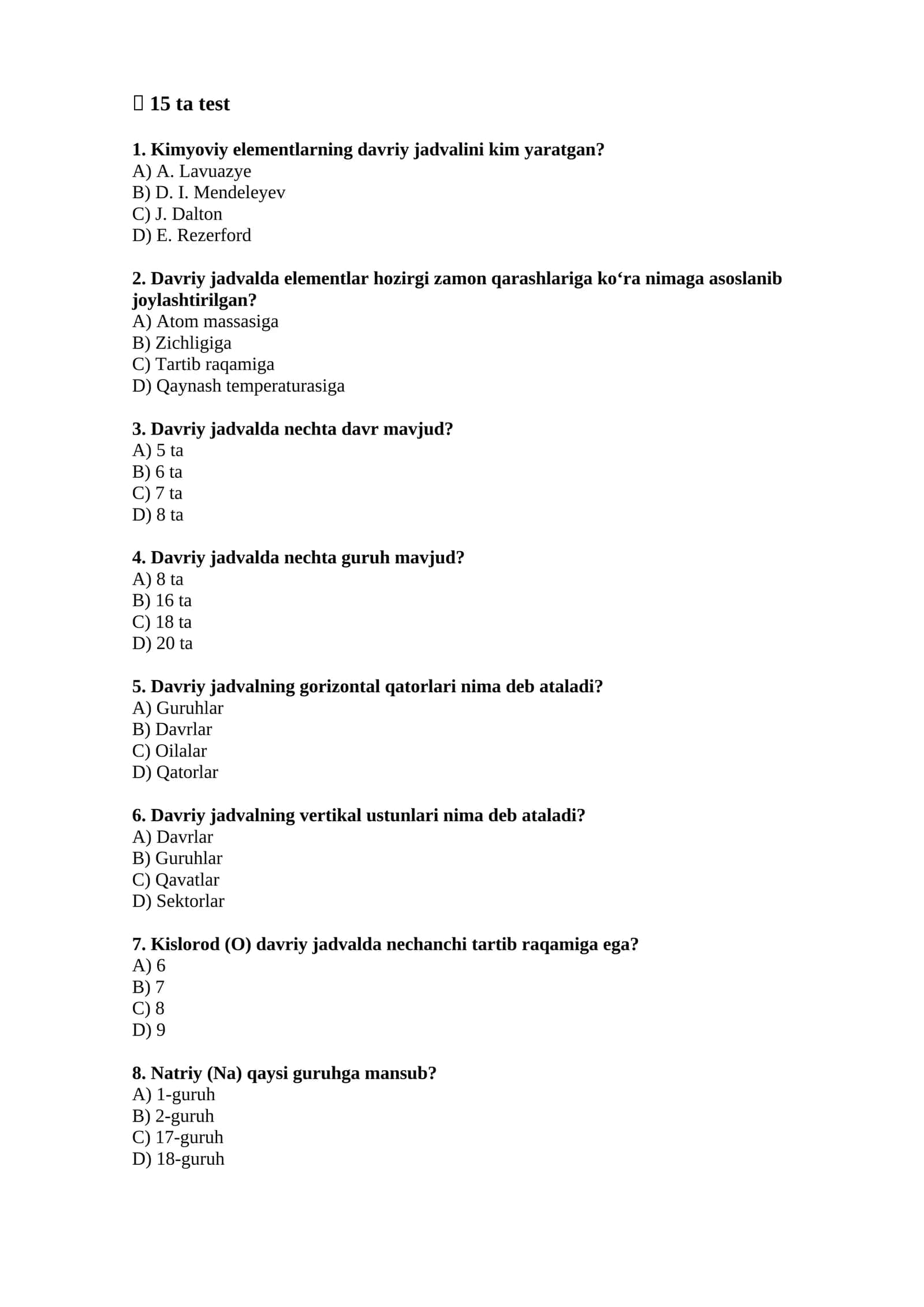 Kimyoviy Elementlar Davriy Jadvali Testi 1