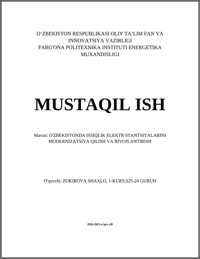 O'ZBEKISTONDA ISSIQLIK ELEKTR STANTSIYALARINI MODERNIZATSIYA QILISH VA RIVOJLANTIRISH 1