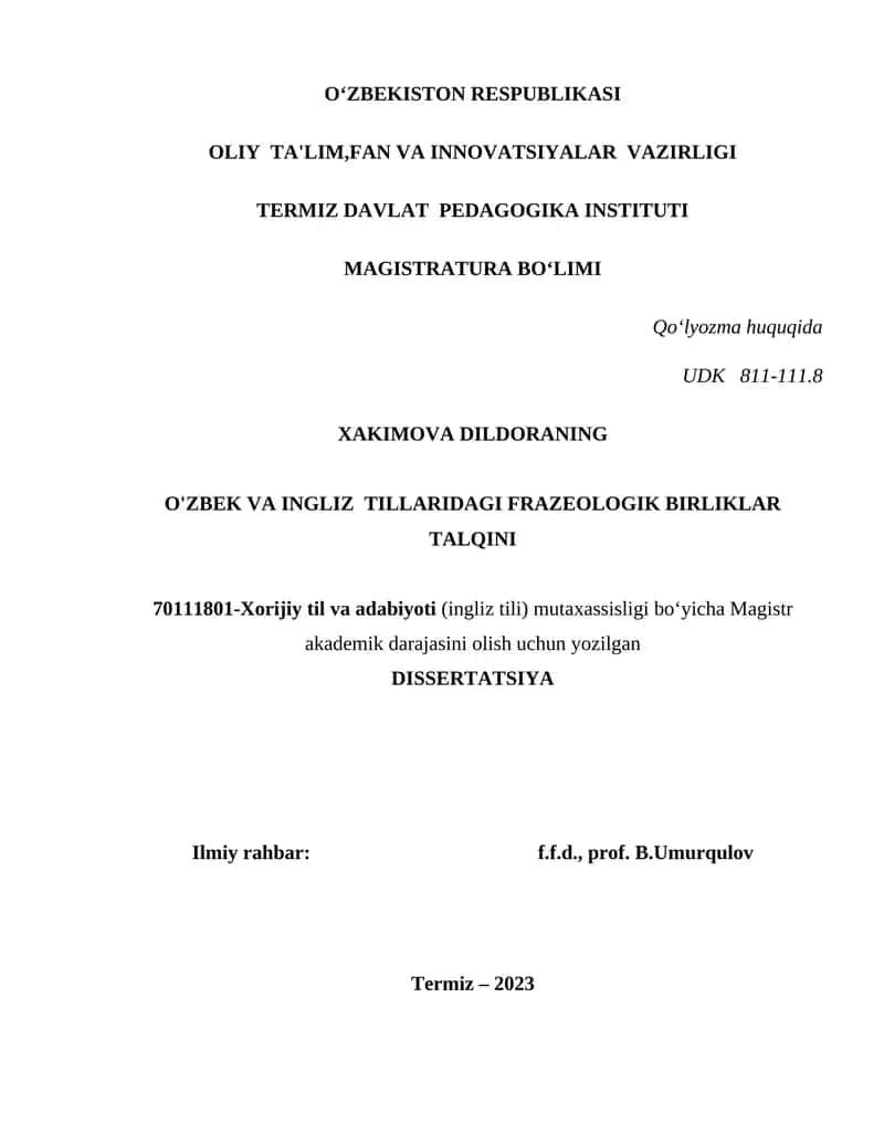 O'ZBEK VA INGLIZ TILLARIDAGI FRAZEOLOGIK BIRLIKLAR TALQINI 1