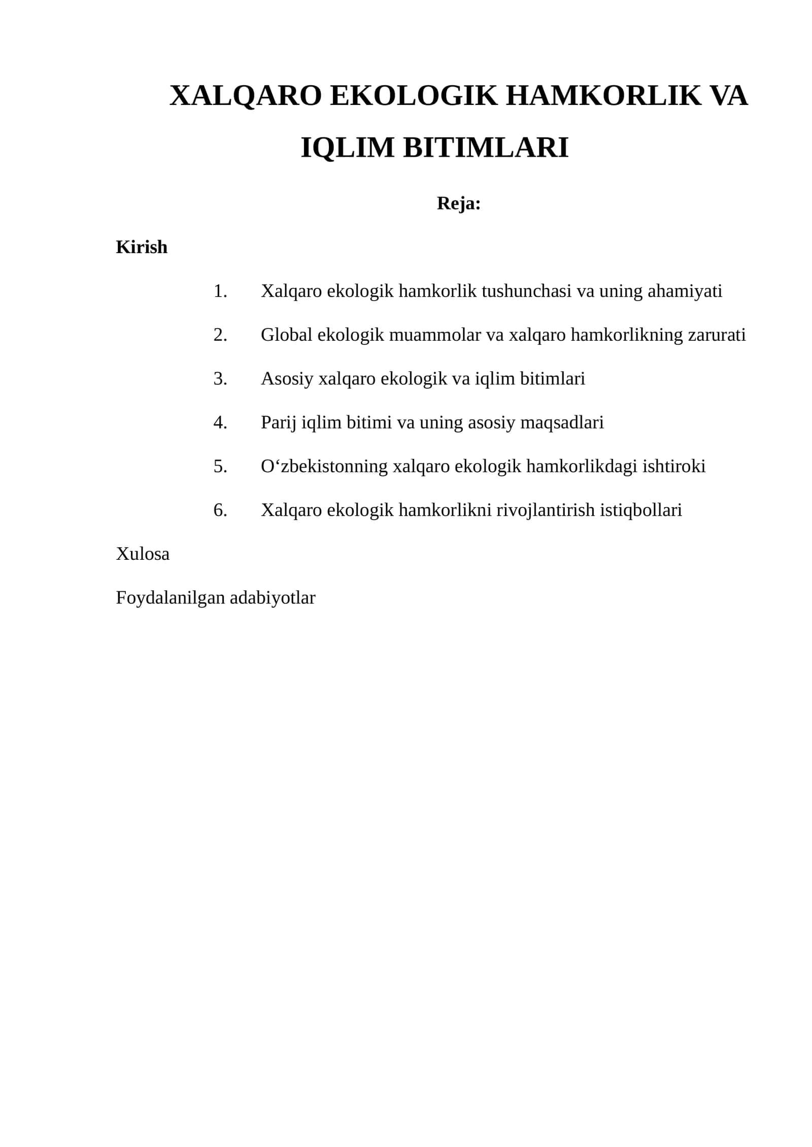 XALQARO EKOLOGIK HAMKORLIK VA IQLIM BITIMLARI 1