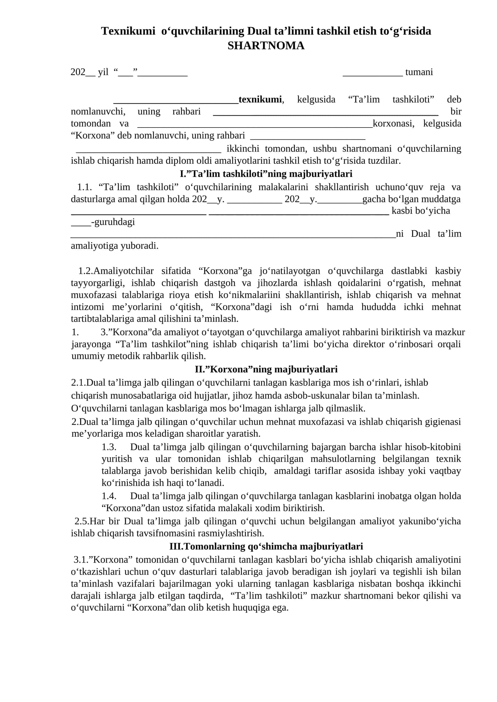 Texnikumi  o‘quvchilarining Dual ta’limni tashkil etish to‘g‘risida  SHARTNOMA 1