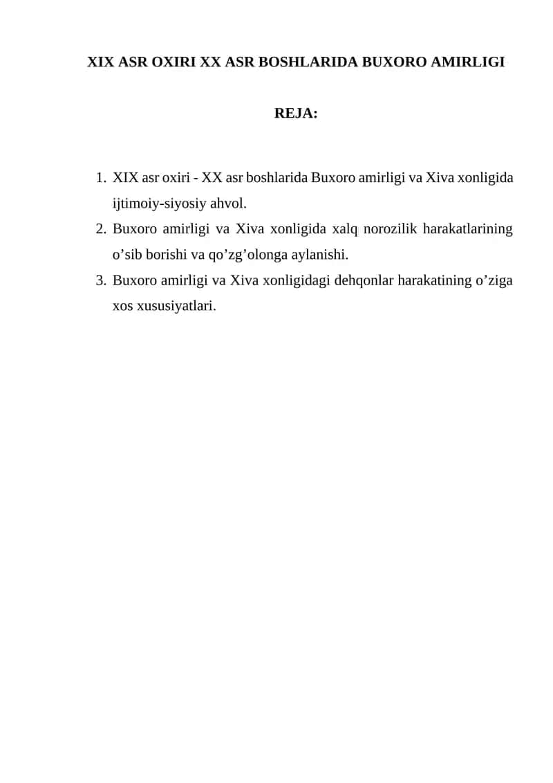 XIX ASR OXIRI XX ASR BOSHLARIDA BUXORO AMIRLIGI 1