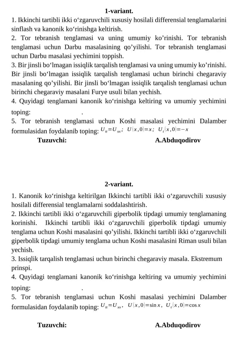 Ikkinchi tartibli ikki o‘zgaruvchili xususiy hosilali differensial tenglamalar 1