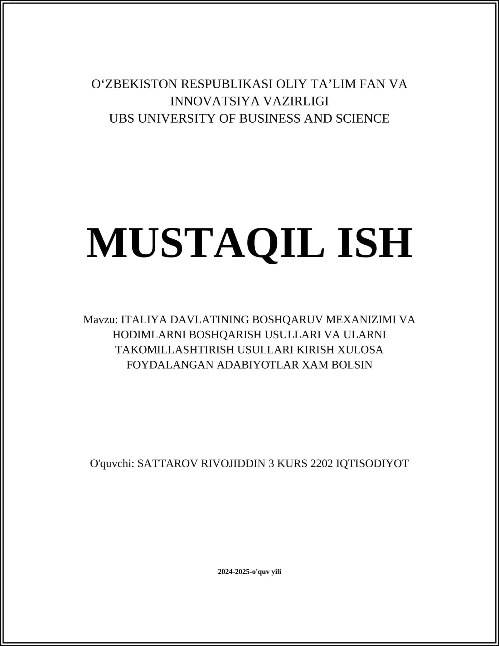 ITALIYA DAVLATINING BOSHQARUV MEXANIZIMI VA HODIMLARNI BOSHQARISH USULLARI VA ULARNI TAKOMILLASHTIRISH USULLARI 1