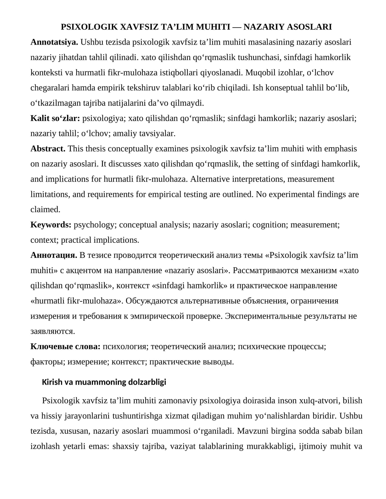 PSIXOLOGIK XAVFSIZ TA’LIM MUHITI — NAZARIY ASOSLARI 1