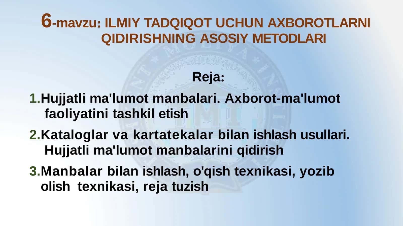 ILMIY TADQIQOT UCHUN AXBOROTLARNI  QIDIRISHNING ASOSIY METODLARI 1