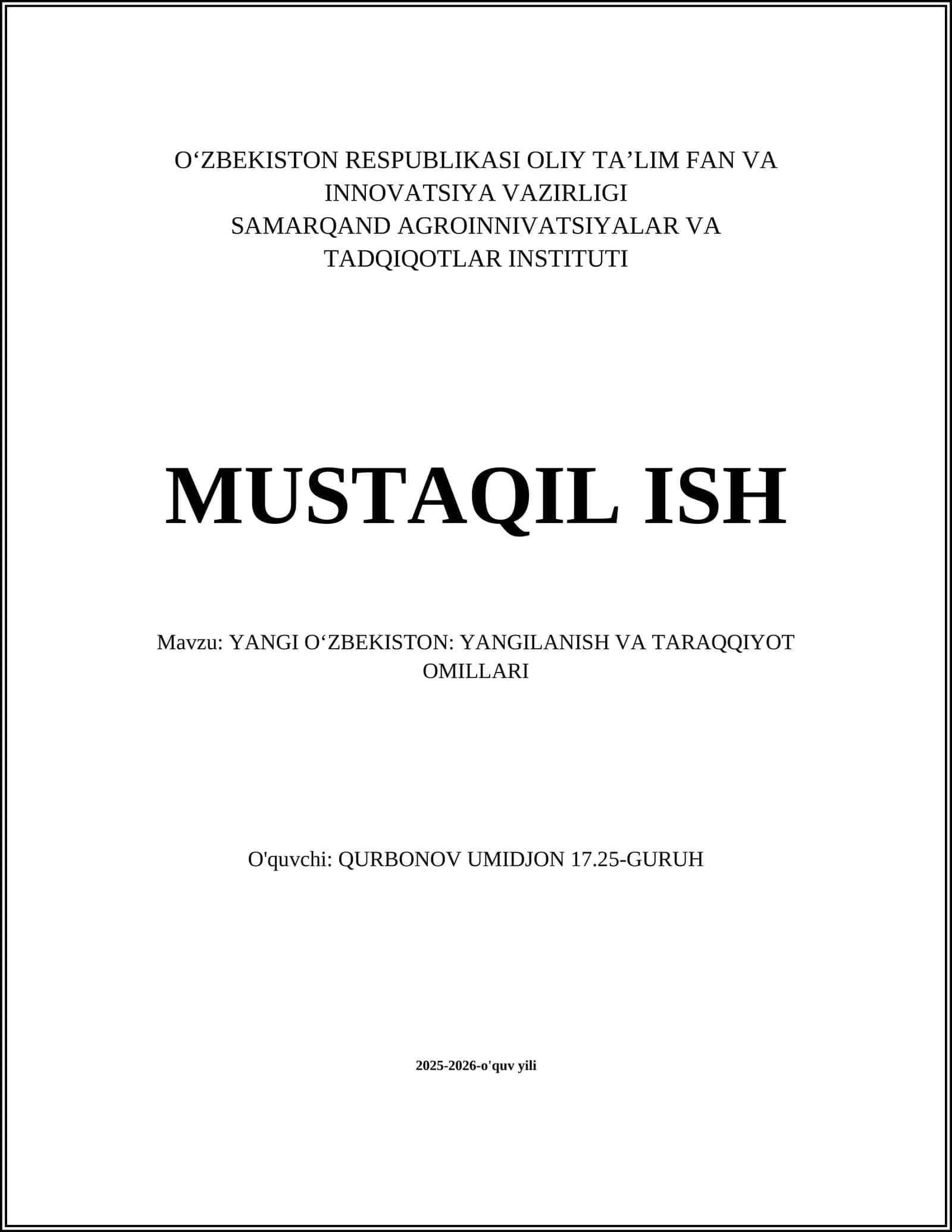 YANGI OʻZBEKISTON: YANGILANISH VA TARAQQIYOT OMILLARI 1