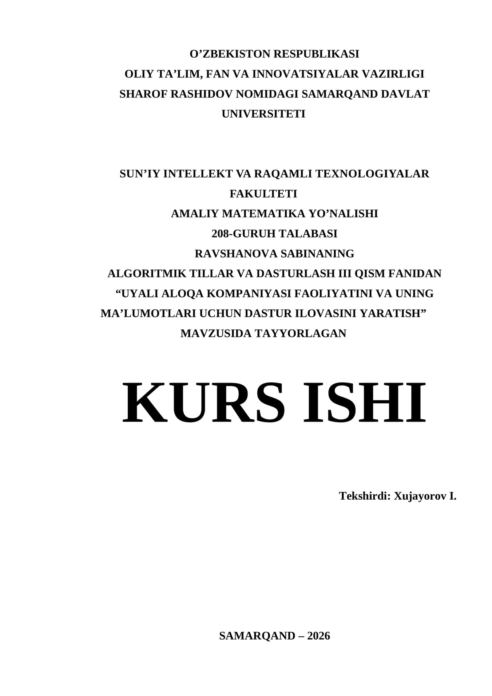 Visual Studio muhitida dasturlash | Kurs Ishi - UYALI ALOQA KOMPANIYASI FAOLIYATINI VA UNING MA’LUMOTLARI UCHUN DASTUR ILOVASINI YARATISH 1