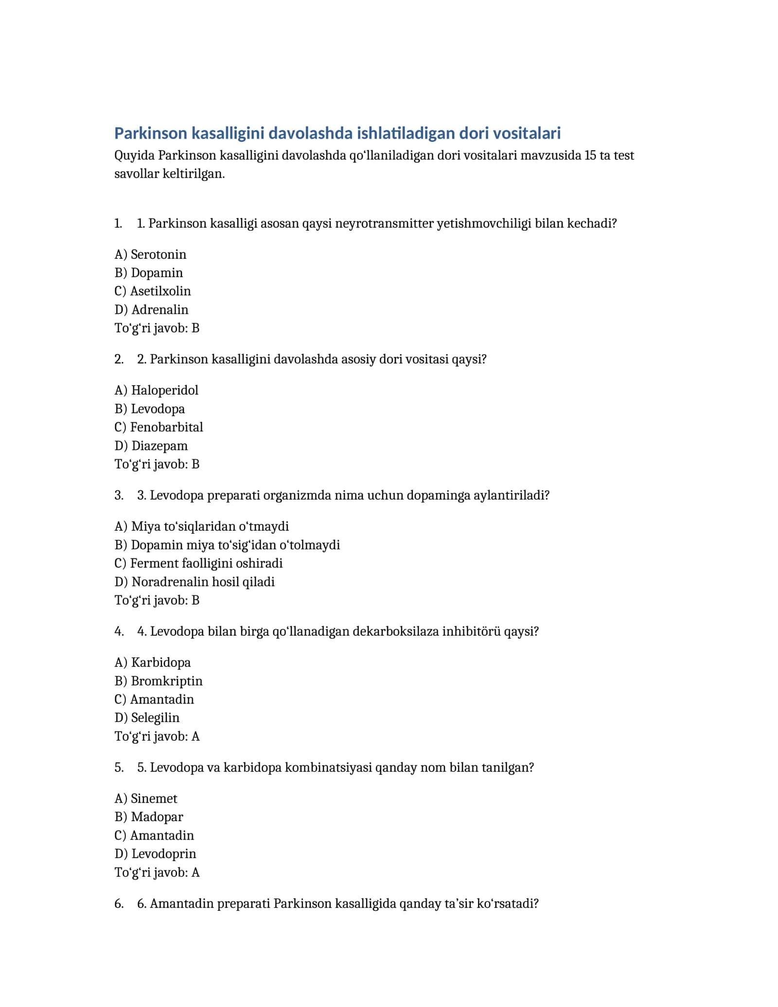 Parkinson kasalligini davolashda ishlatiladigan dori vositalari 1