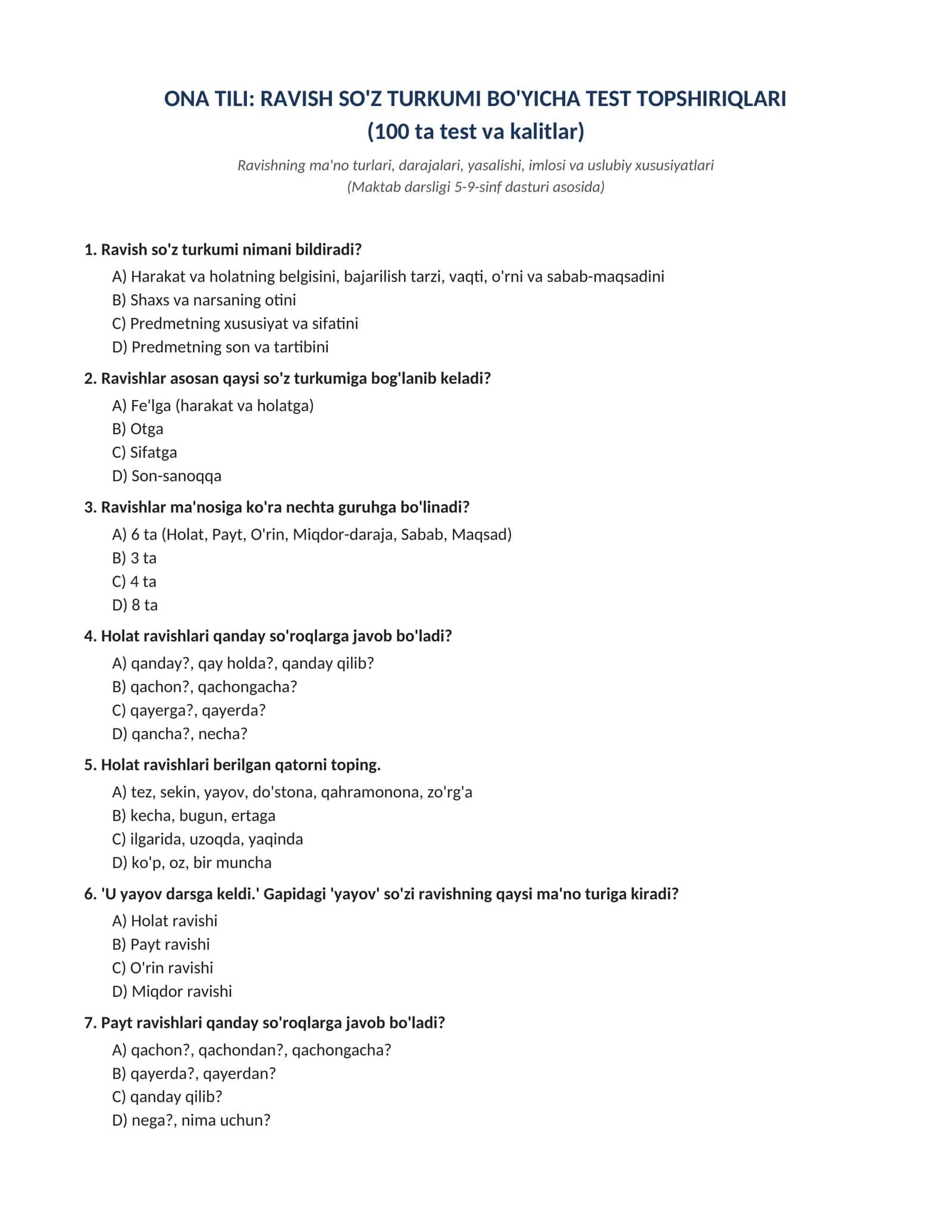 ONA TILI: RAVISH SO'Z TURKUMI BO'YICHA TEST TOPSHIRIQLARI  (100 ta test va kalitlar) 1