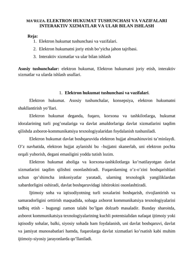 Elektron Hukumat Tushunchasi va Vazifalari 1
