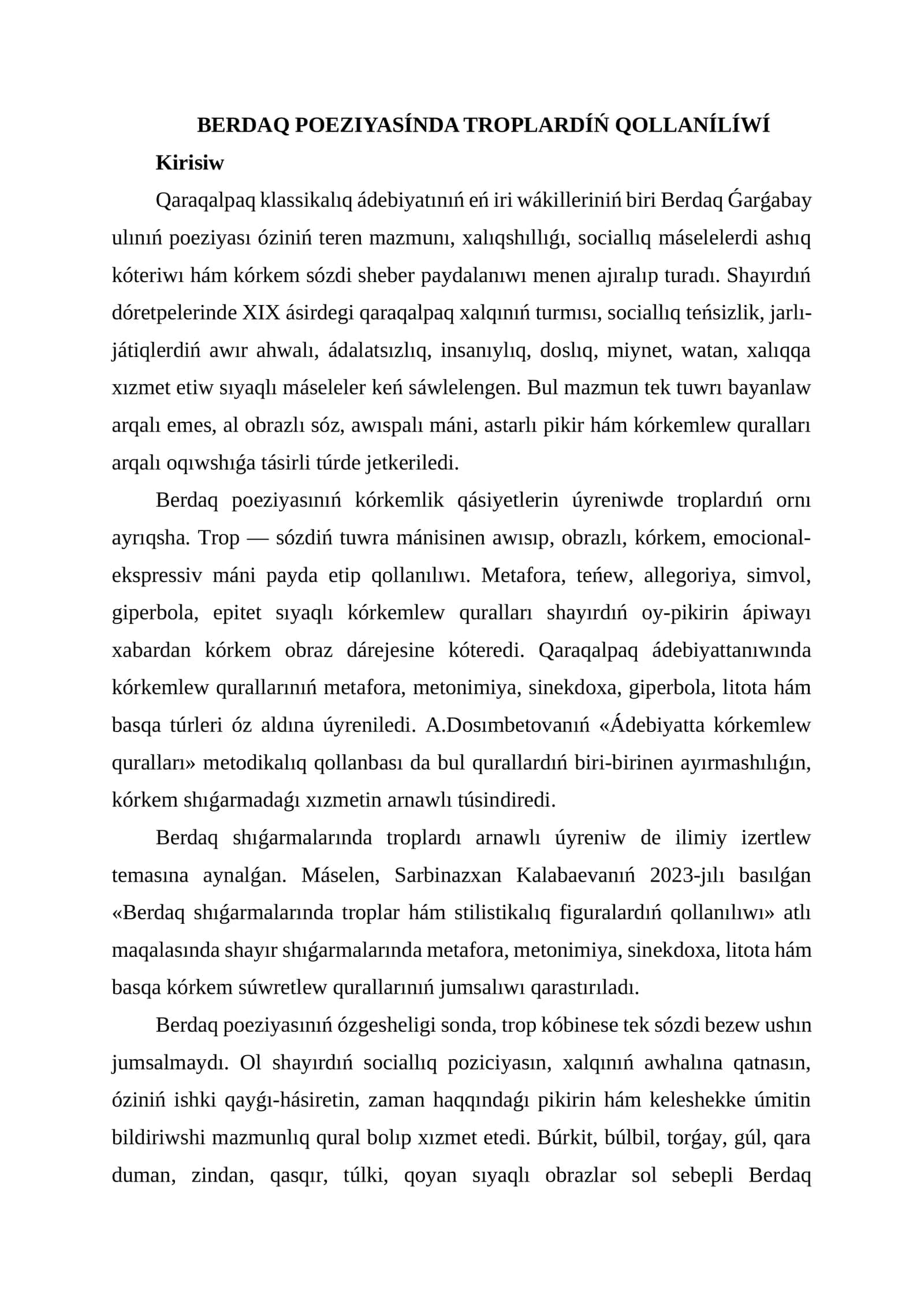 Berdaq Poeziyasínda TroplardíŃ Qollanílíwí 1