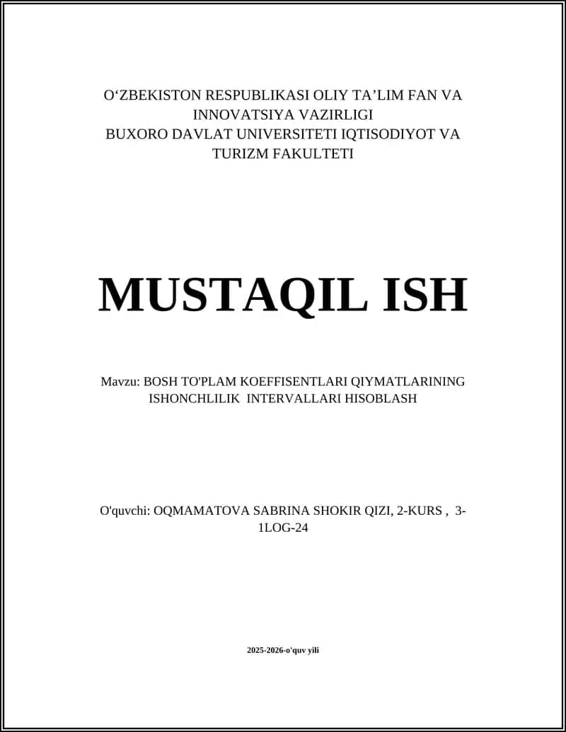 Bosh To'plam Koeffitsentlari Qiymatlarining Ishonchlilik Intervallari Hisoblash 1