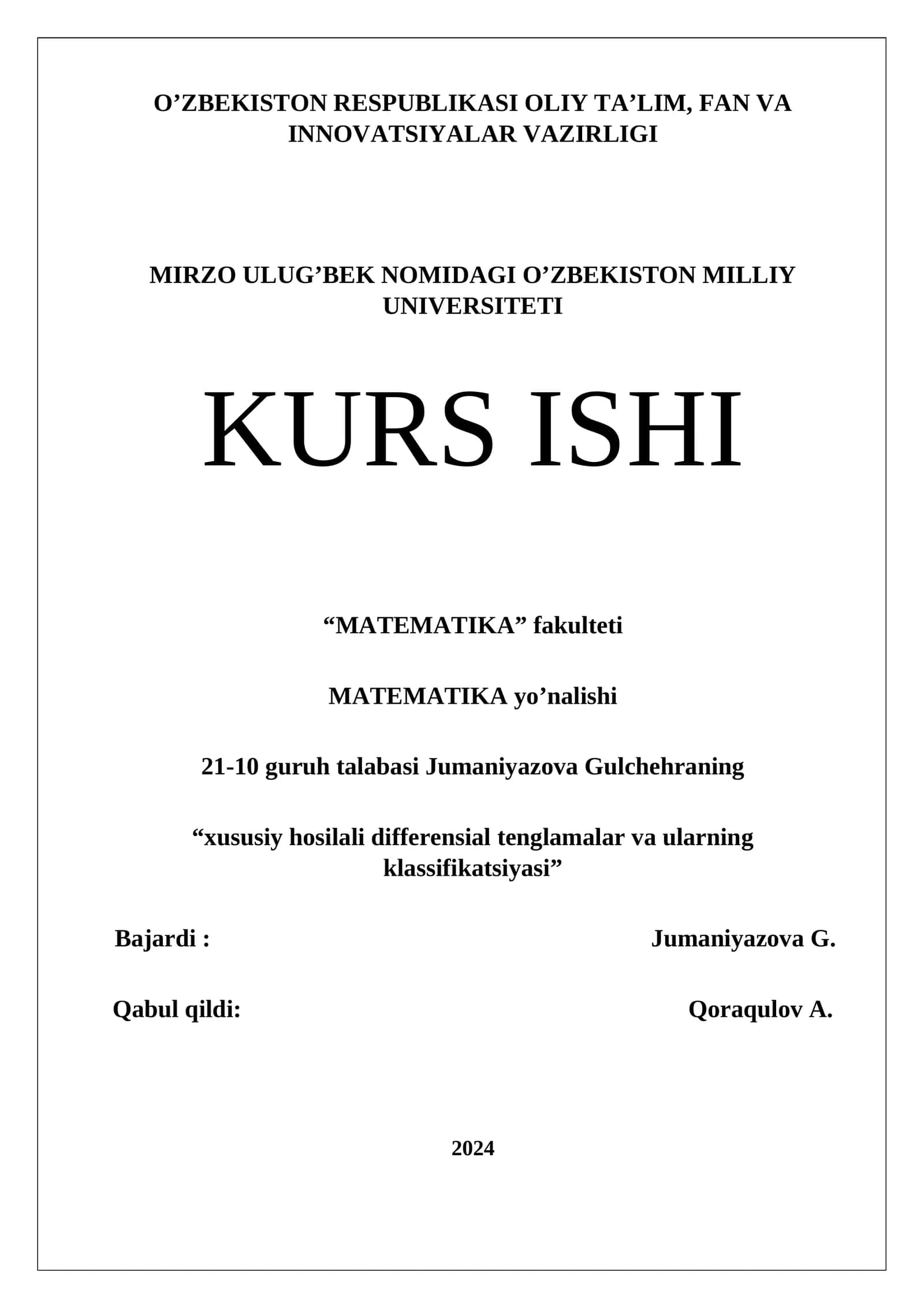 Xususiy hosilali differensial tenglamalar va ularning klassifikatsiyasi 1