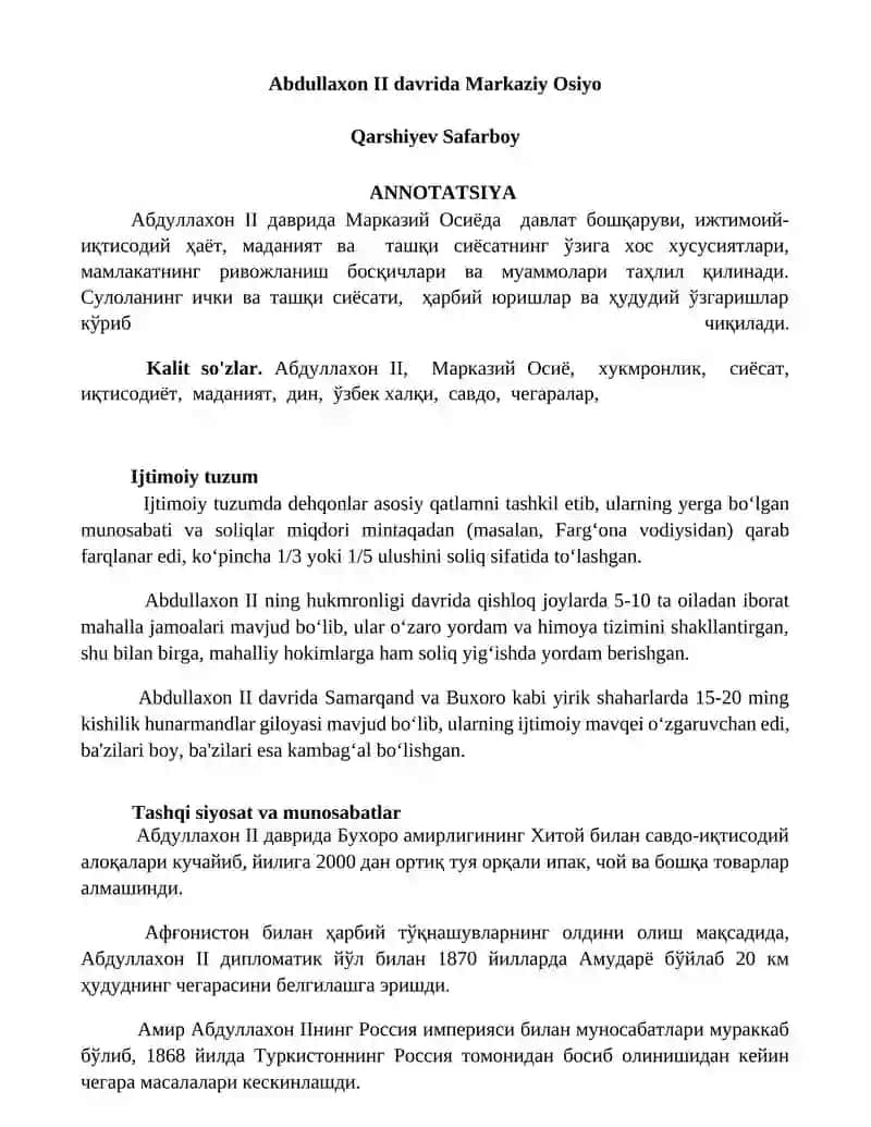 Abdullaxon II davrida Markaziy Osiyo