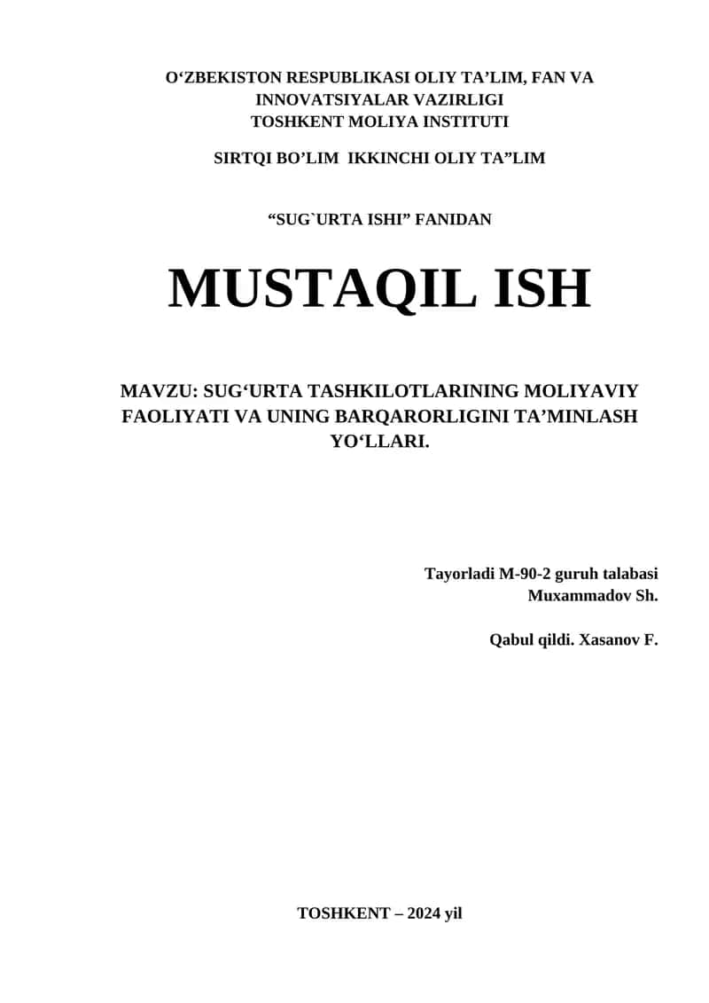 SUG‘URTA TASHKILOTLARINING MOLIYAVIY FAOLIYATI VA UNING BARQARORLIGINI TA’MINLASH YO‘LLARI 1