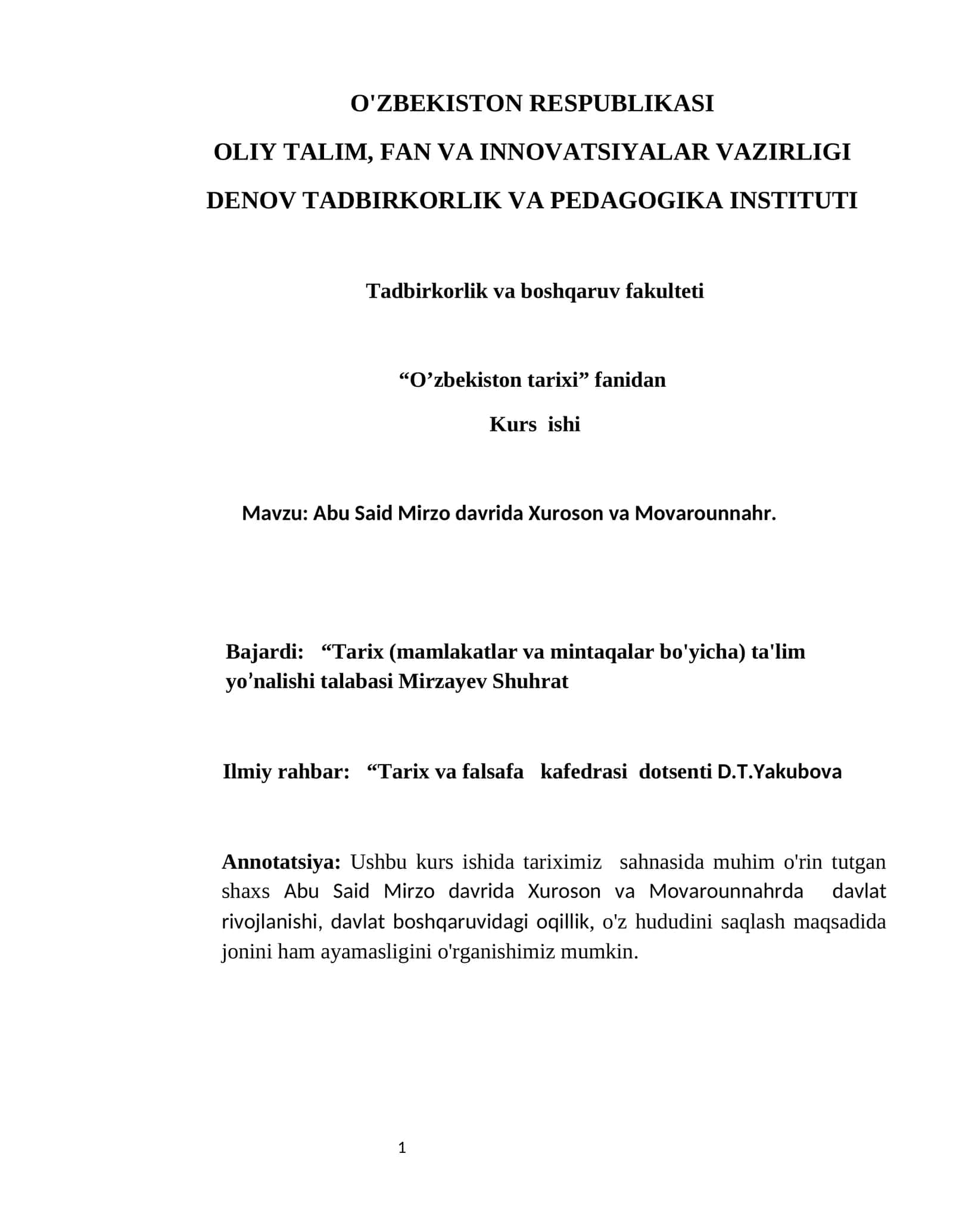 Abu Said Mirzo davrida Xuroson va Movarounnahr. 1