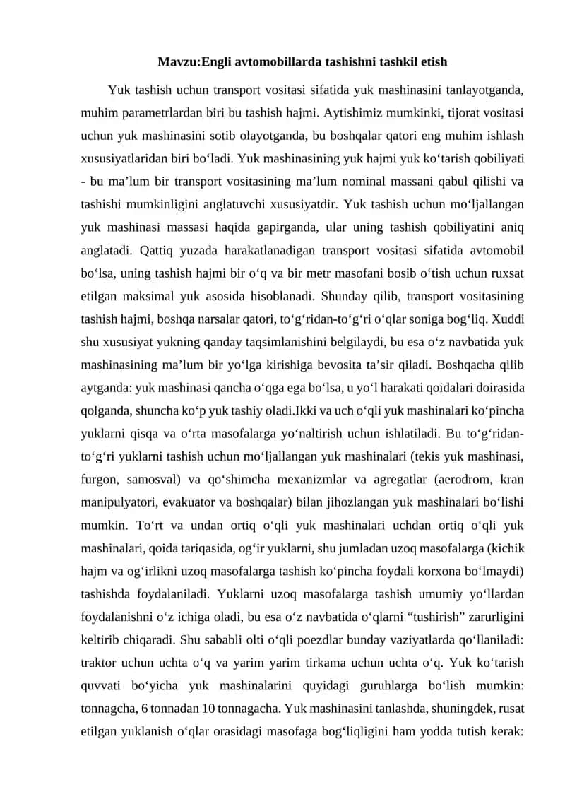 Engli avtomobillarda tashishni tashkil etish 1