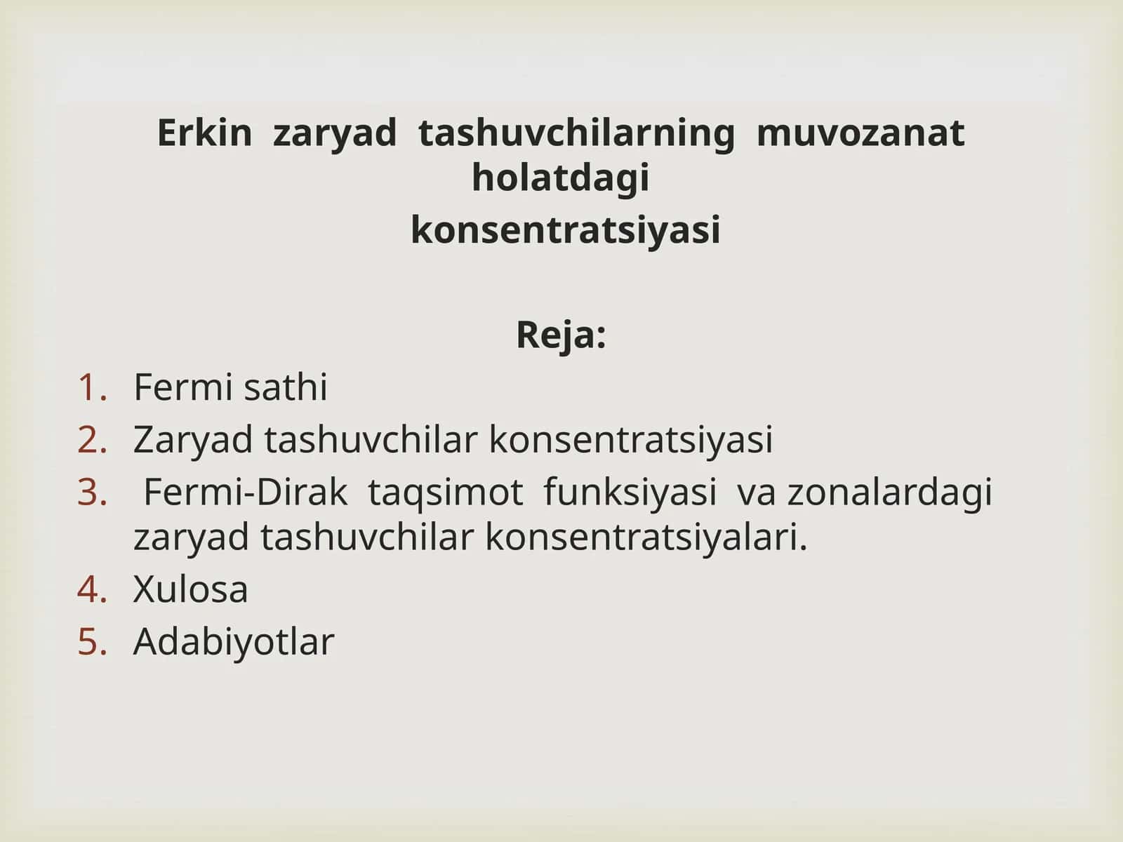 Erkin  zaryad  tashuvchilarning muvozanat  holatdagi konsentratsiyasi 1