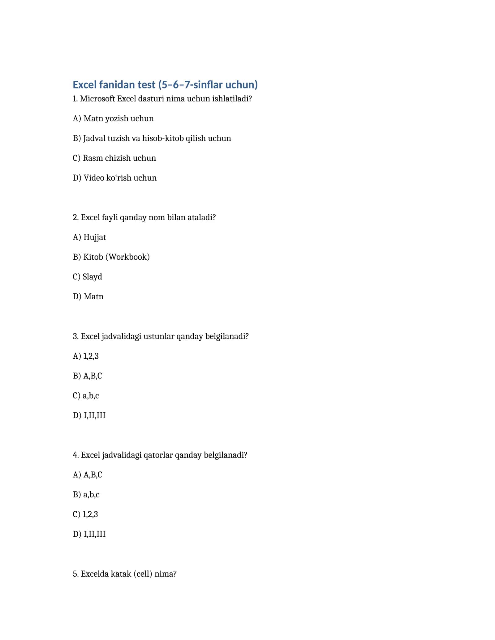 Excel fanidan test (5–6–7-sinflar uchun) 1