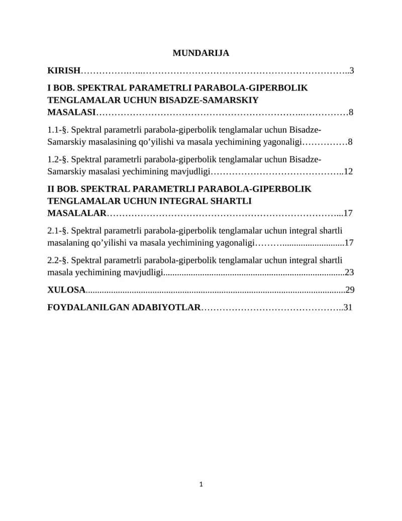 Spektral parametrli parabola-giperbolik tenglamalar uchun Bisadze-Samarskiy va integral shartli masalalar 1