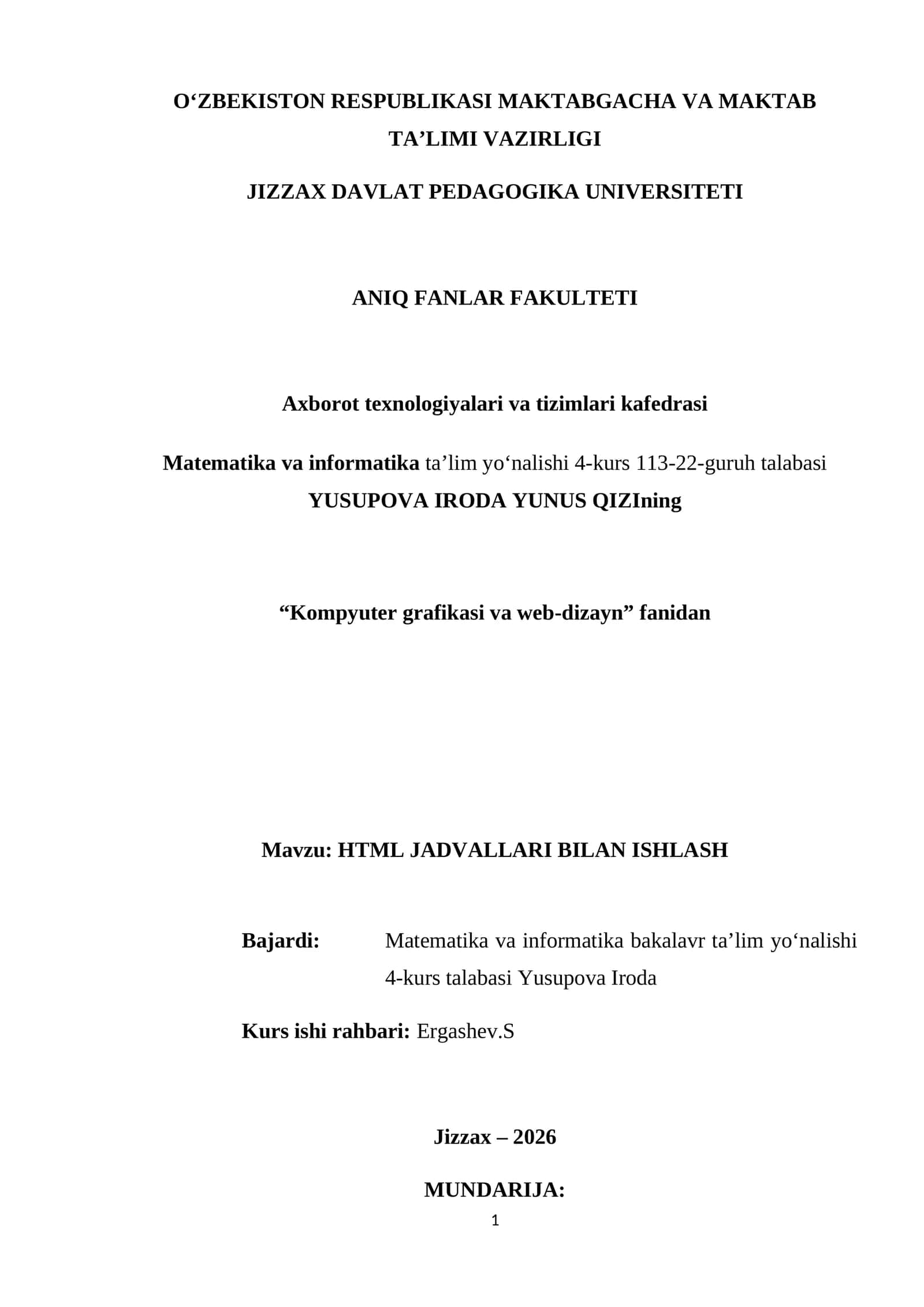 HTML JADVALLARI BILAN ISHLASH 1