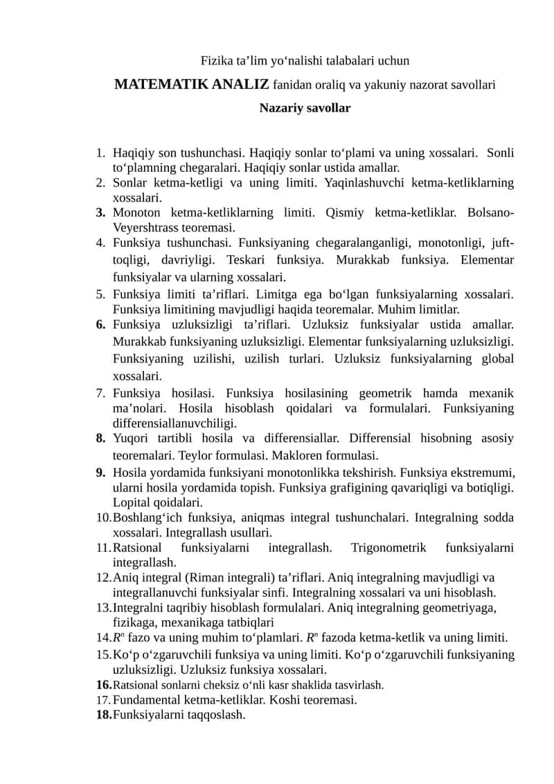 MATEMATIK ANALIZ fanidan oraliq va yakuniy nazorat savollari 1