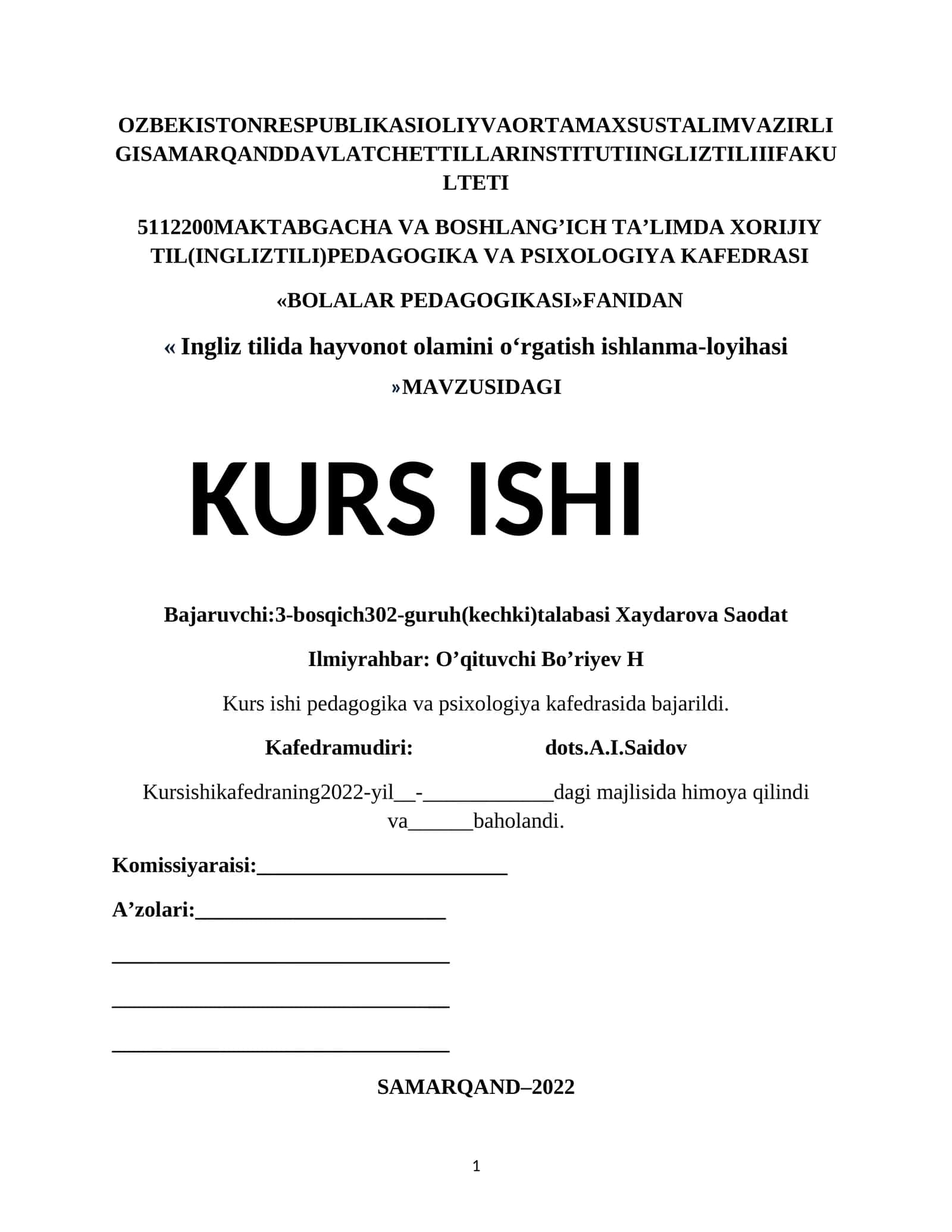 Ingliz tilida hayvonot olamini oʻrgatish ishlanma-loyihasi 1