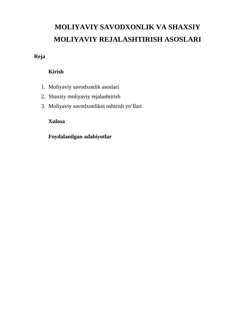 Moliyaviy Savodxonlik va Shaxsiy Moliyaviy Rejalashtirish Asoslari 1