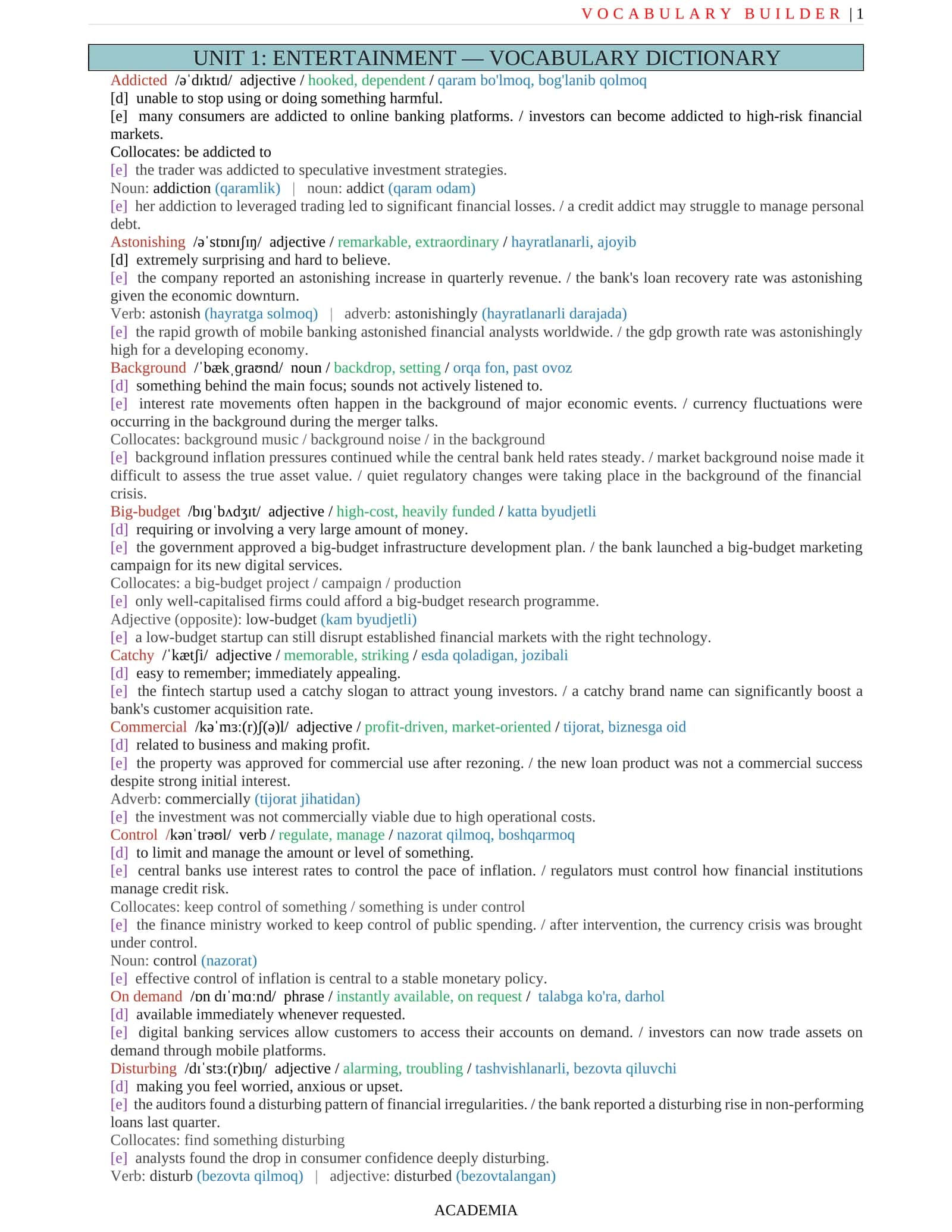OUTCOMES' VOCABULARY BUILDER IN NEW FORMAT 1