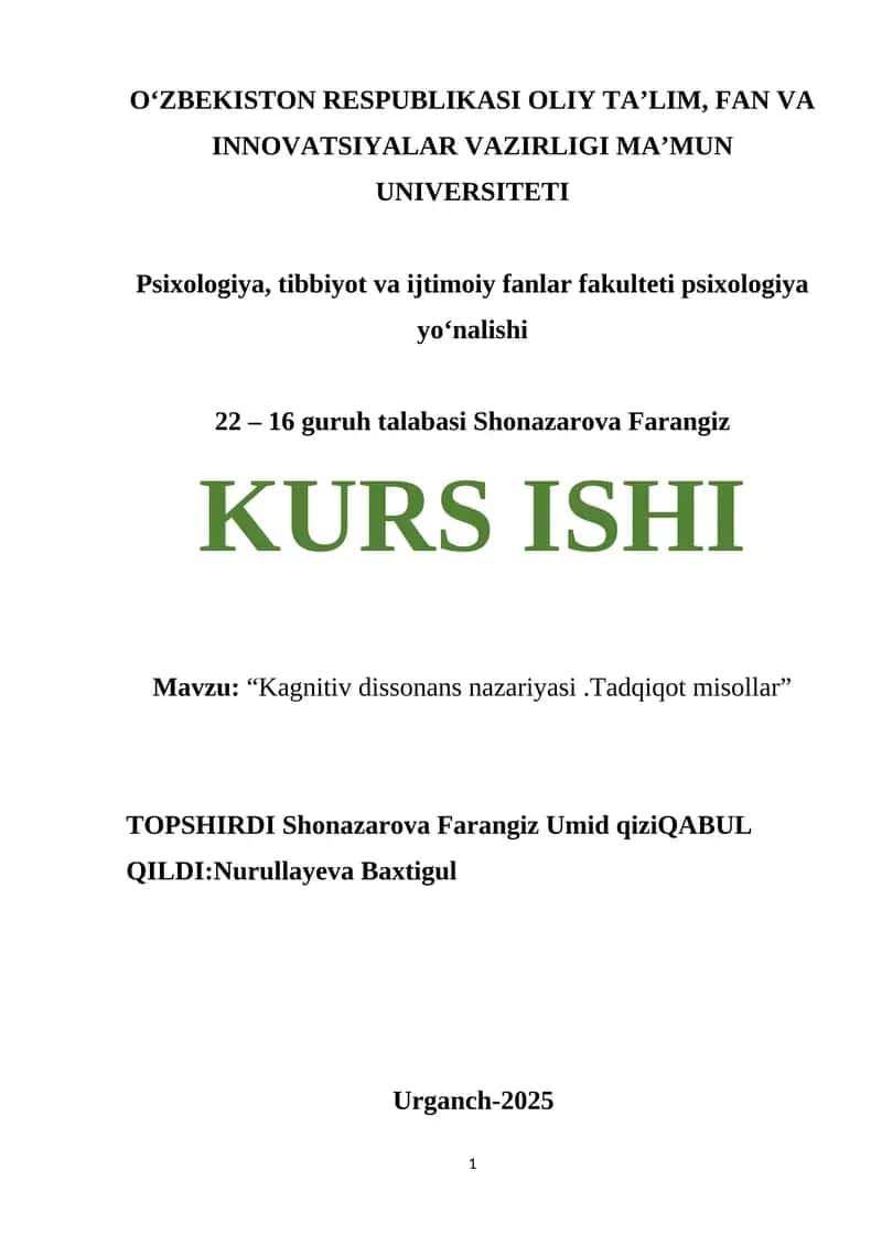 Kagnitiv dissonans nazariyasi.Tadqiqot misollar 1