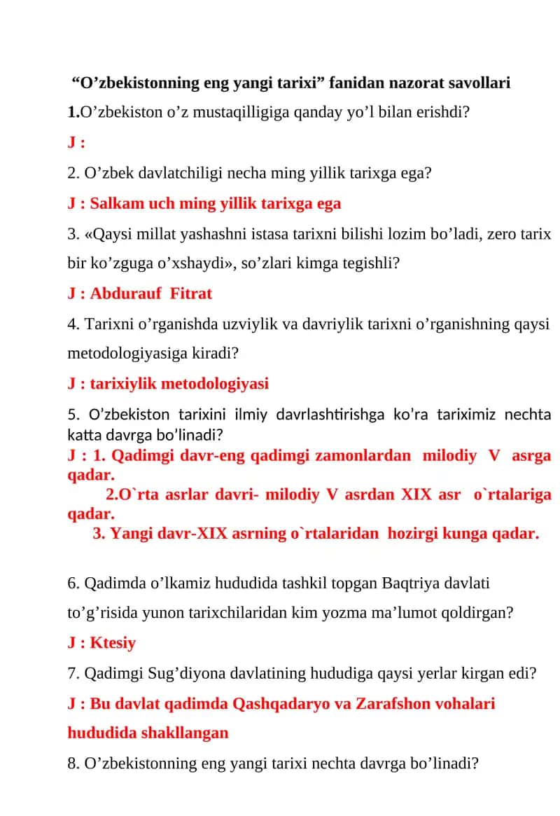 “O’zbekistonning eng yangi tarixi” fanidan nazorat savollari . 1